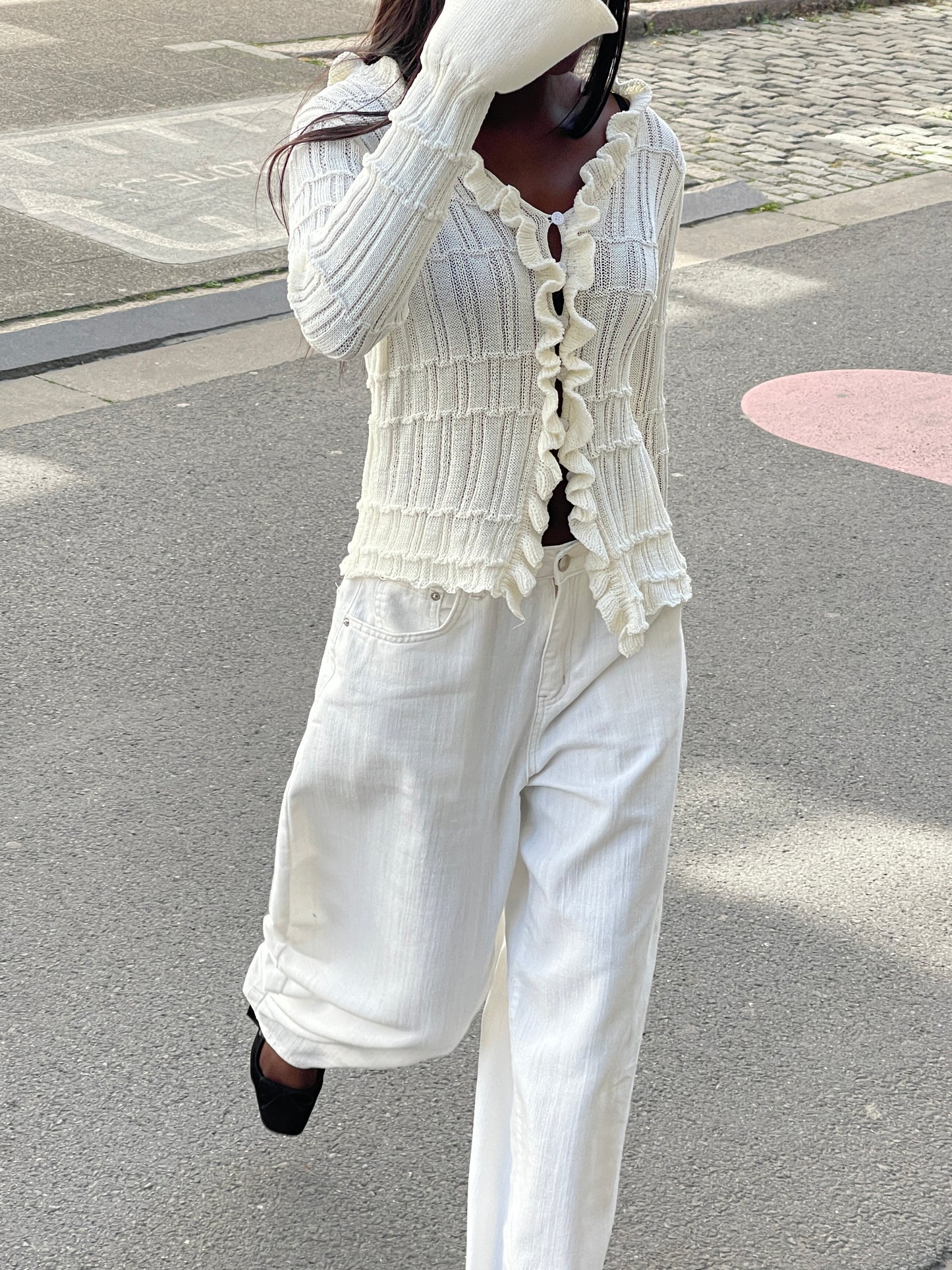 Ruffled Crochet Cardigan Ivory