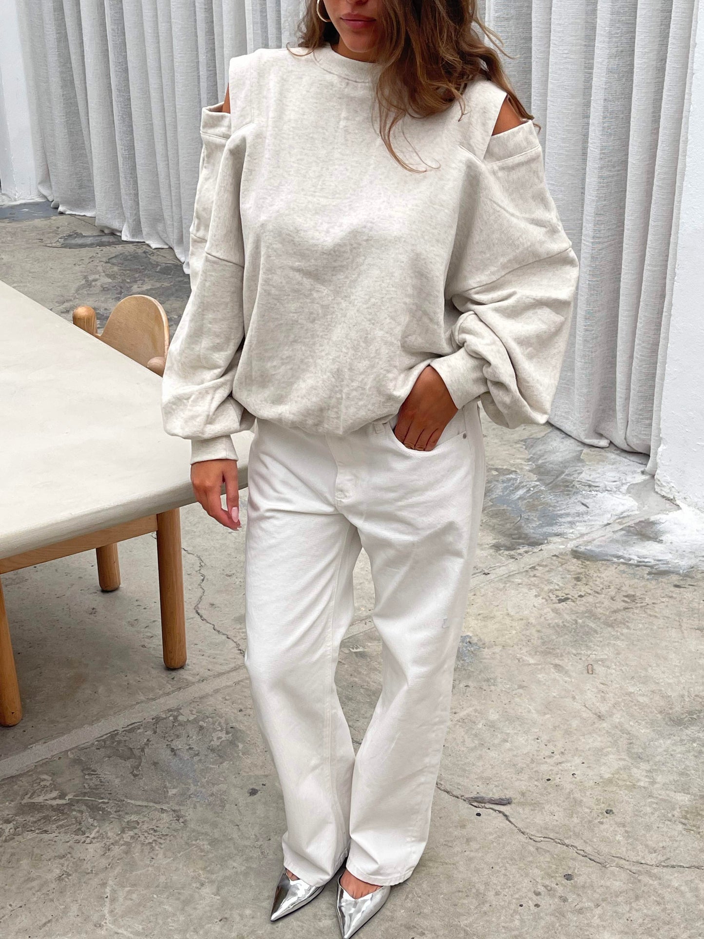 Cut Out Shoulders Sweater Light Grey