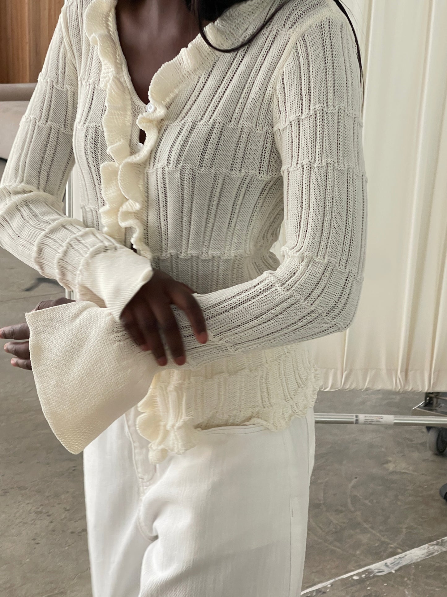 Ruffled Crochet Cardigan Ivory