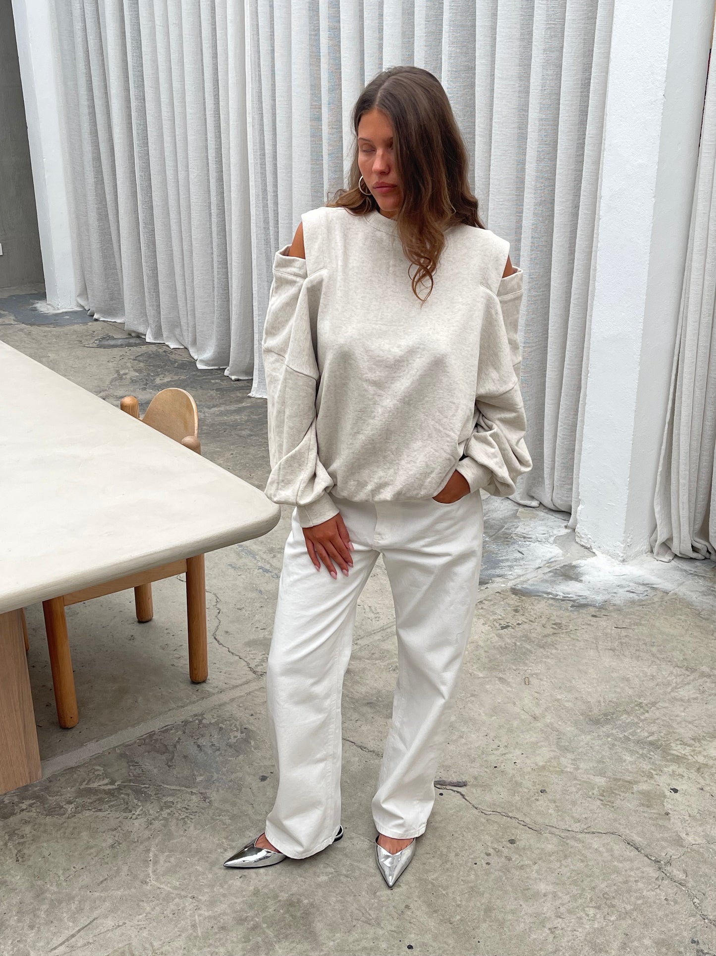 Cut Out Shoulders Sweater Light Grey