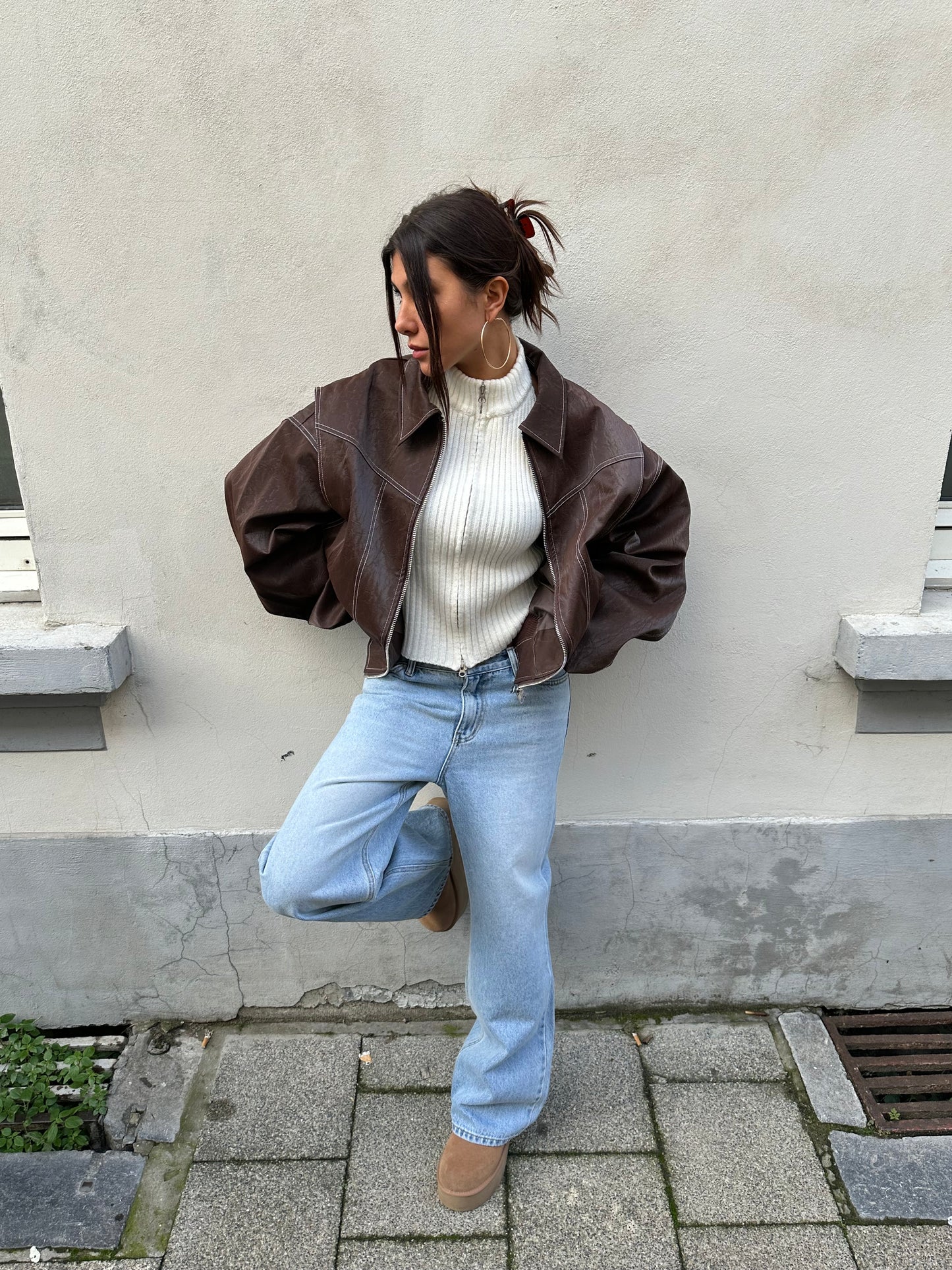 Oversized Contrast Stitch Jacket Brown