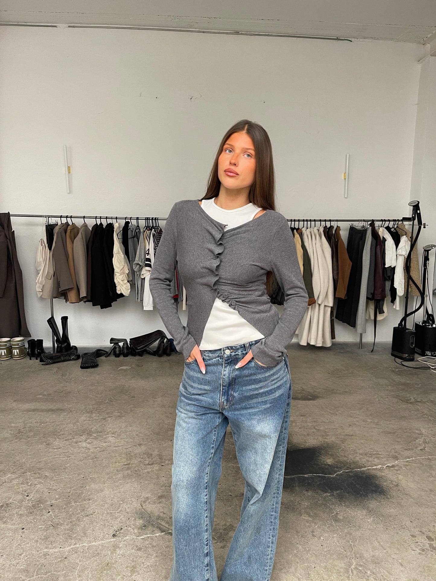 Wavy Front Closure Cardigan Charcoal