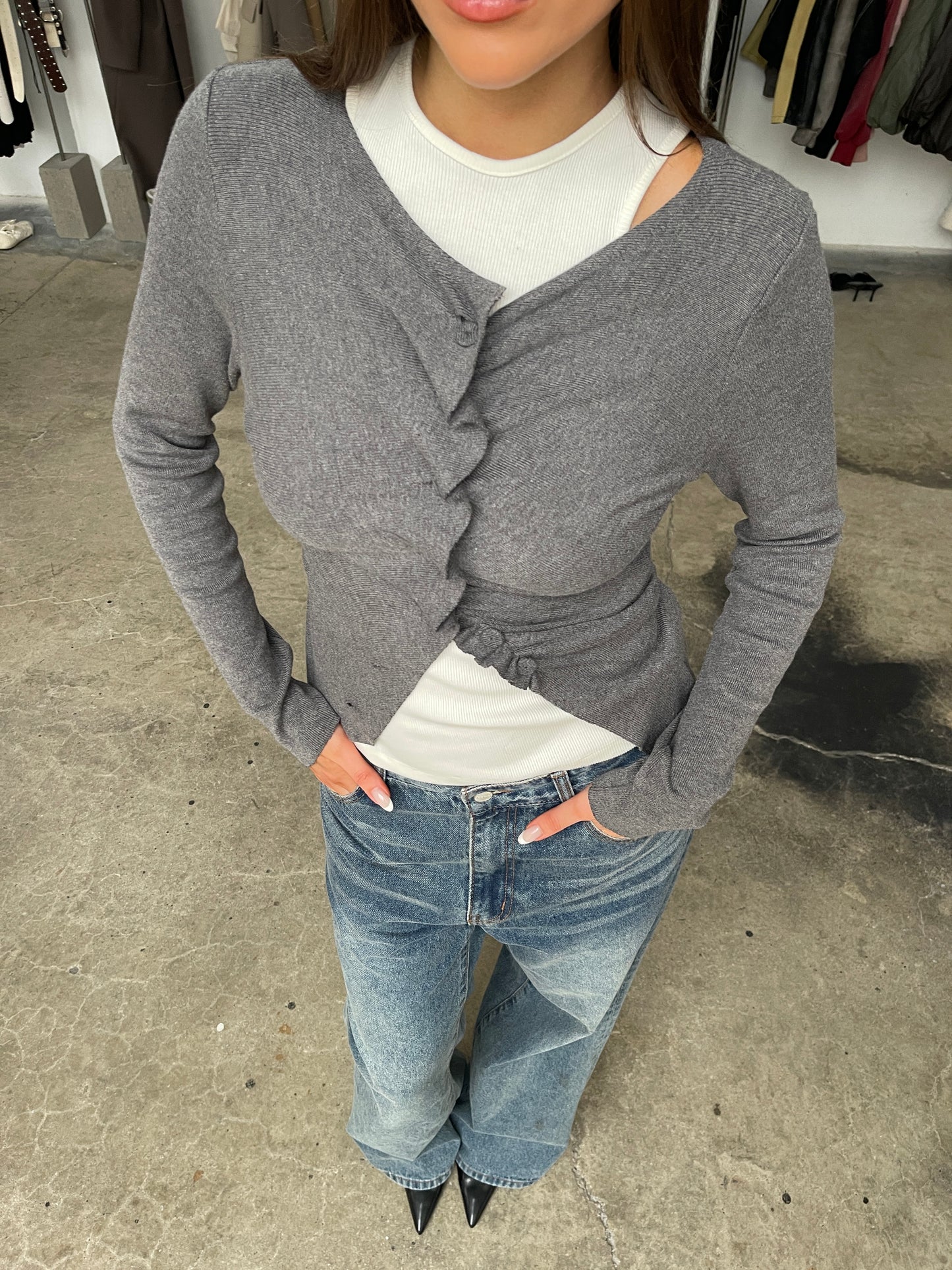 Wavy Front Closure Cardigan Charcoal