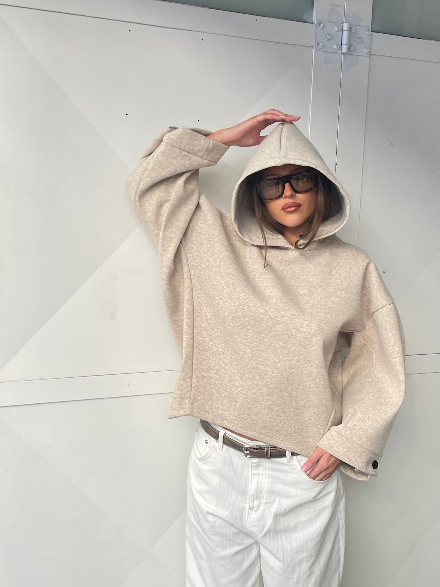 Oversized Button Detail Hoodie Oatmeal