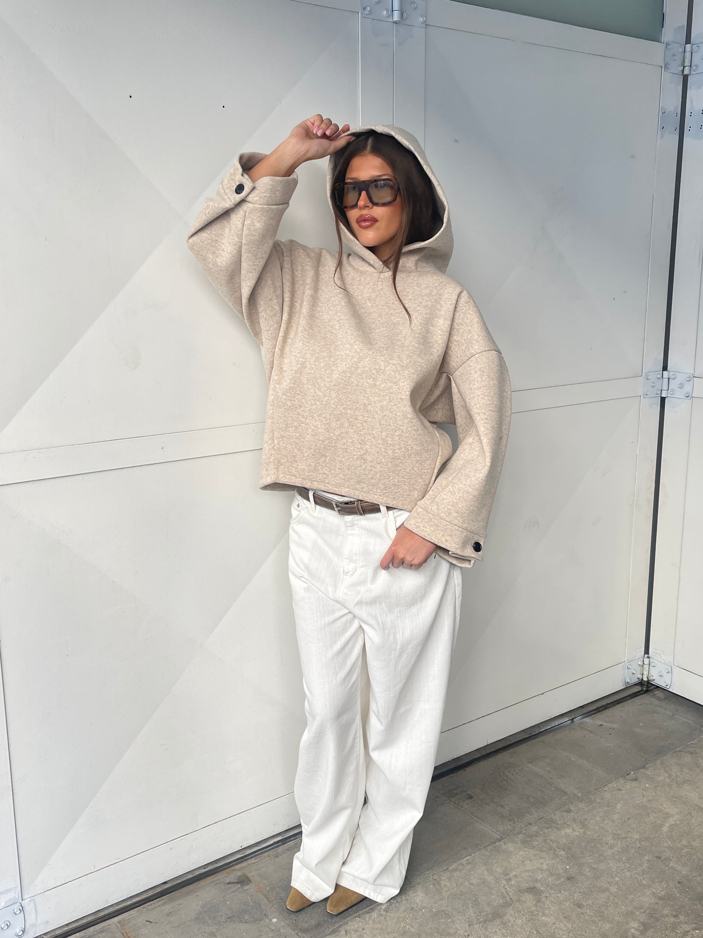 Oversized Button Detail Hoodie Oatmeal