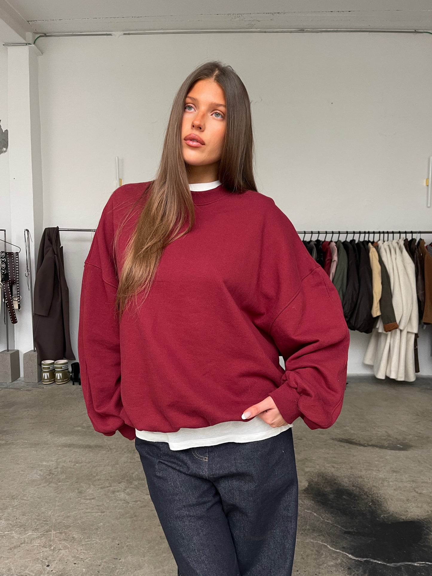 Basic Round Collar Oversized Sweater Burgundy