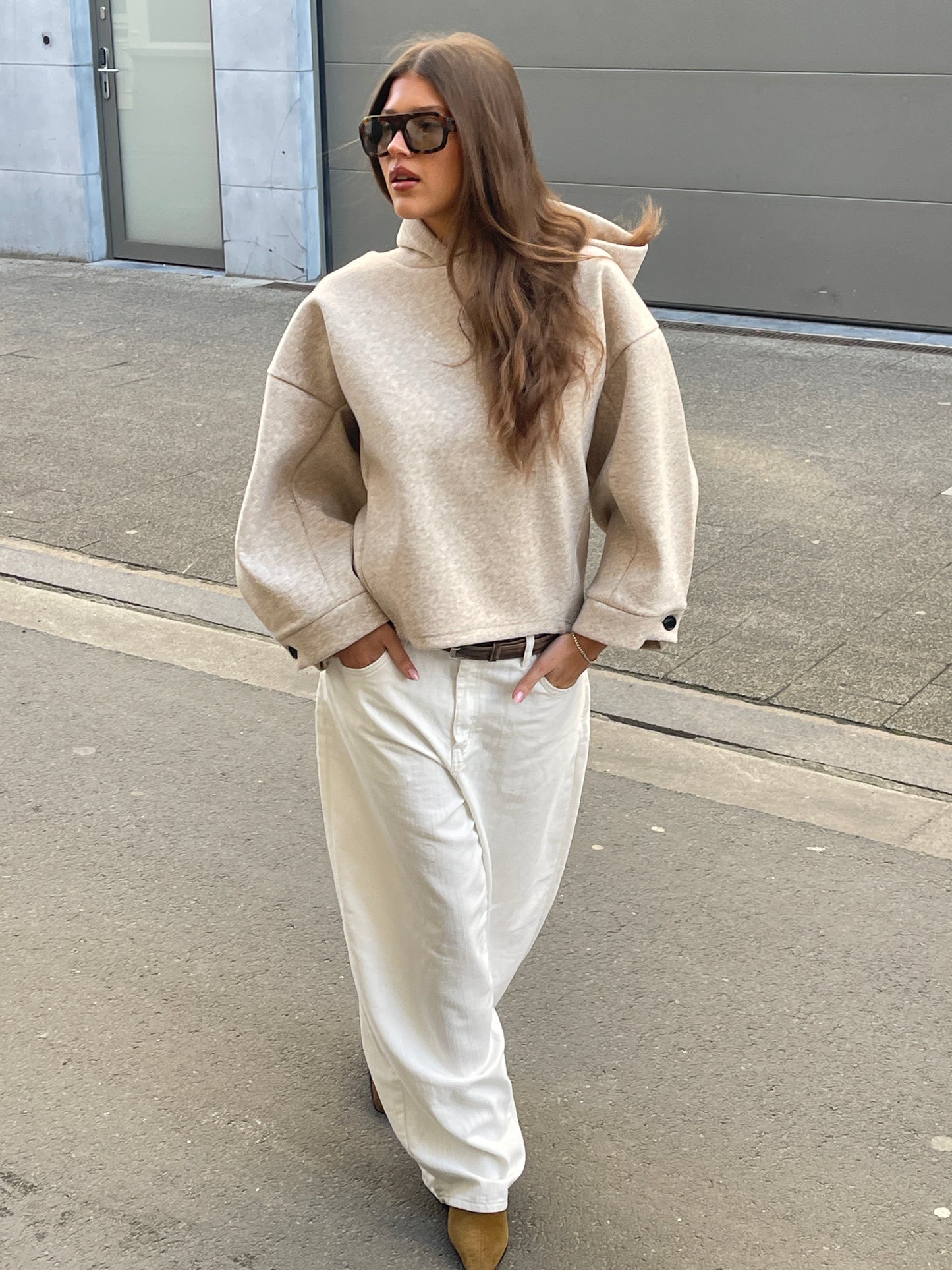 Oversized Button Detail Hoodie Oatmeal