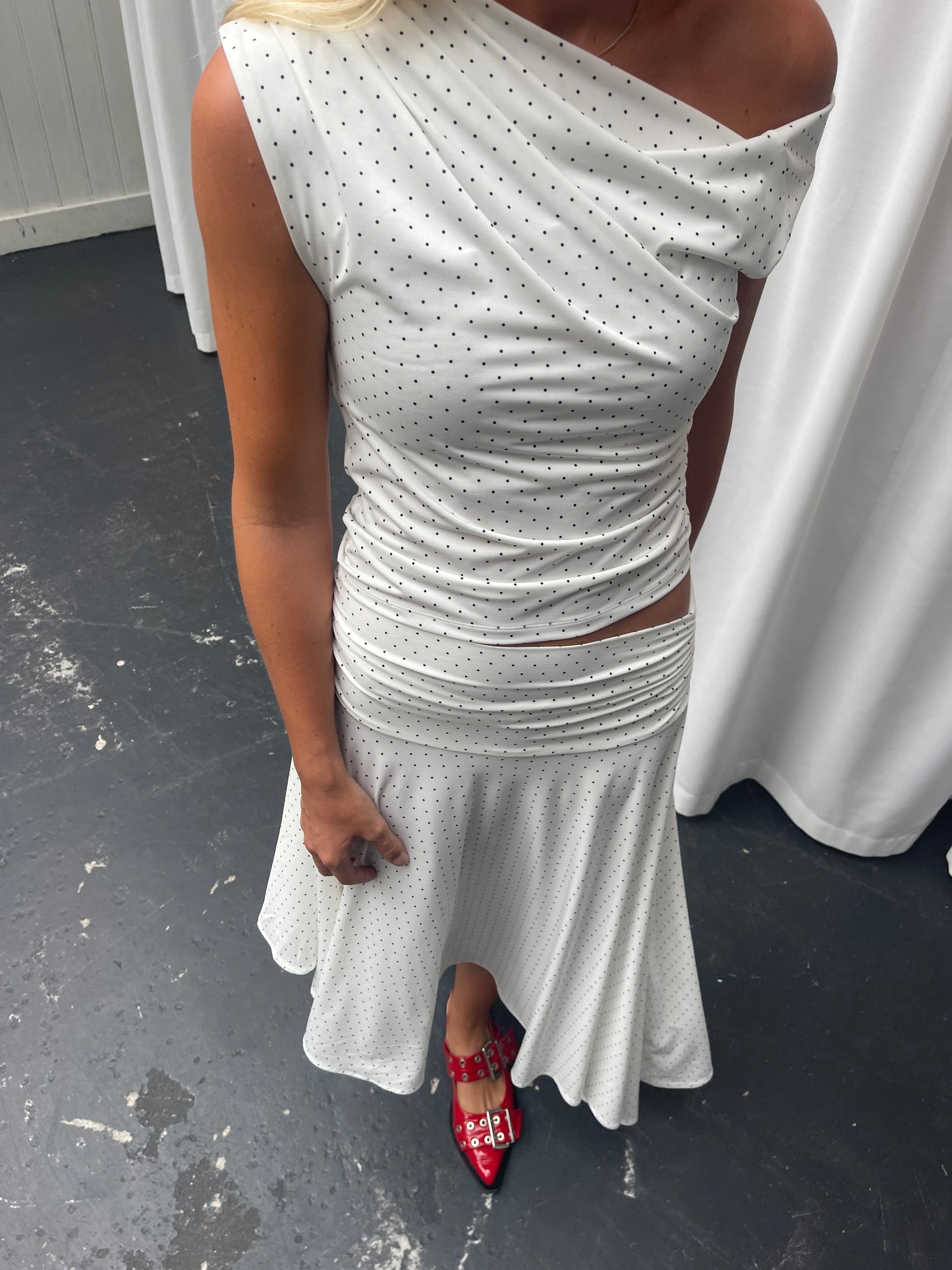Ruched Detail Asymmetric Skirt Polka Dot