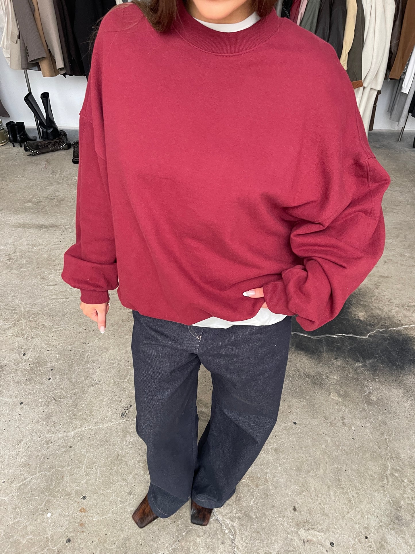 Basic Round Collar Oversized Sweater Burgundy