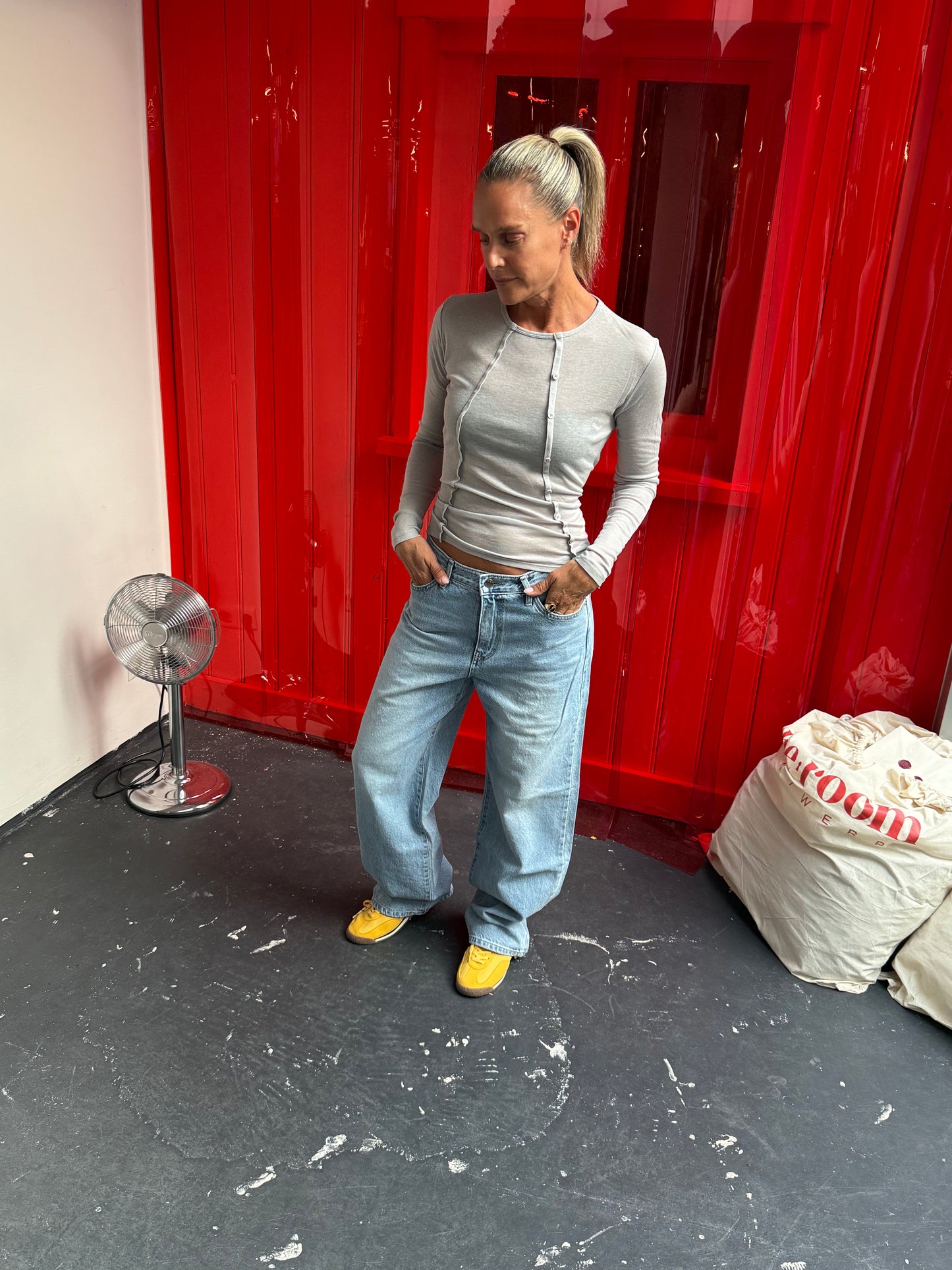 Sheer Button Detail Longsleeve Grey