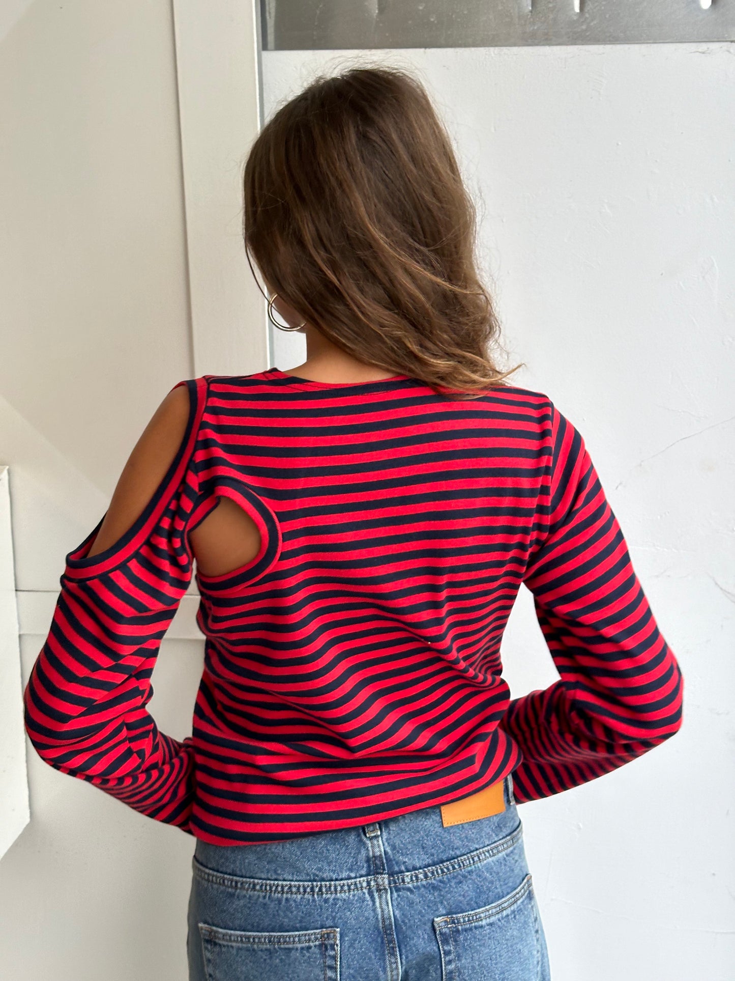 Cut Out Striped Long Sleeve Tee Red