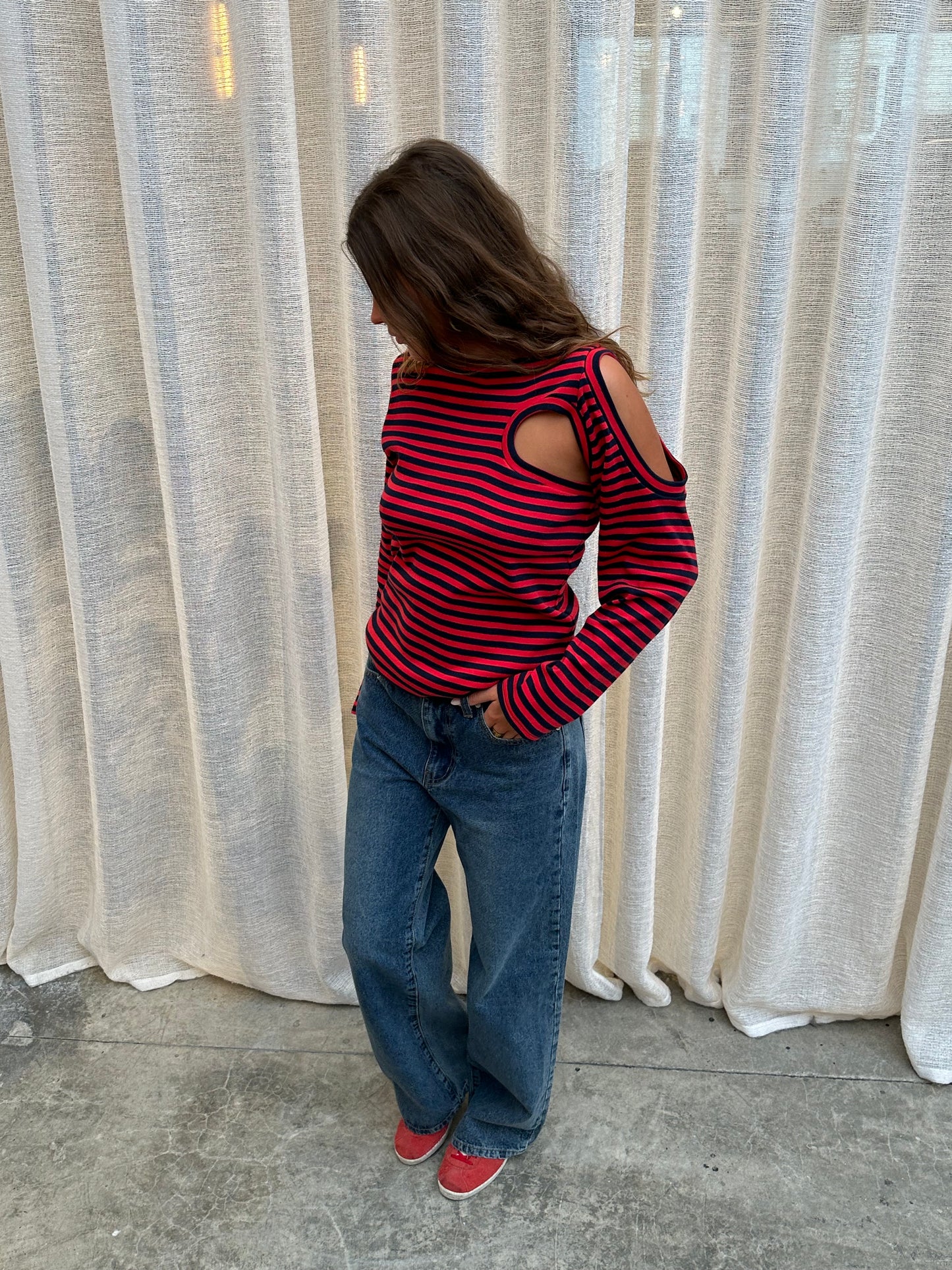 Cut Out Striped Long Sleeve Tee Red