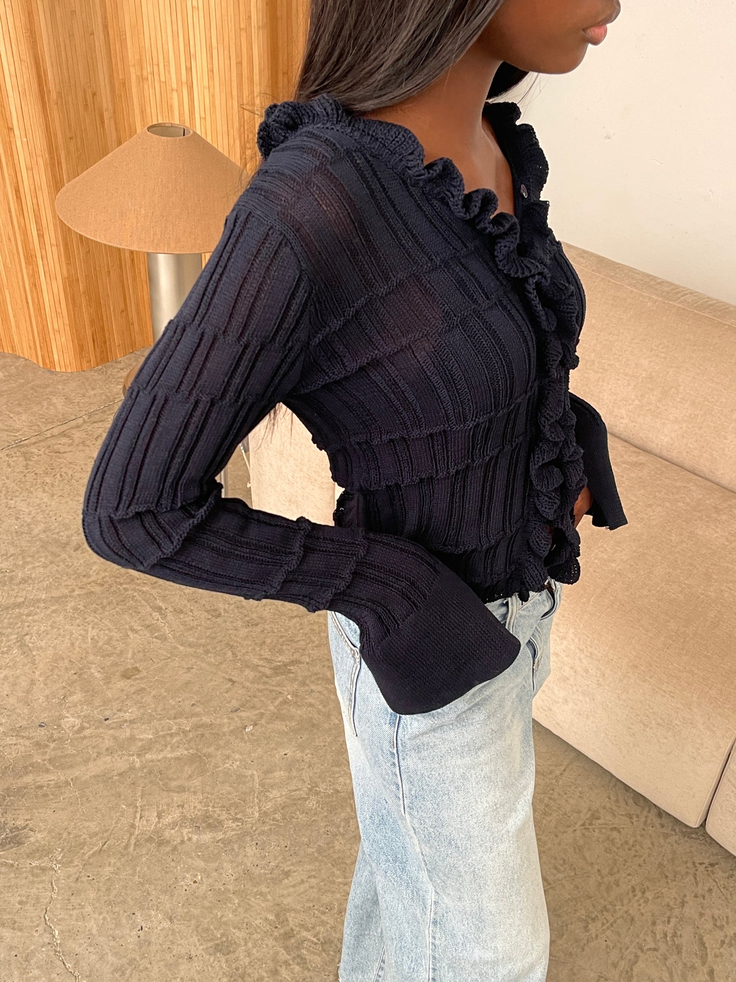 Ruffled Crochet Cardigan Navy