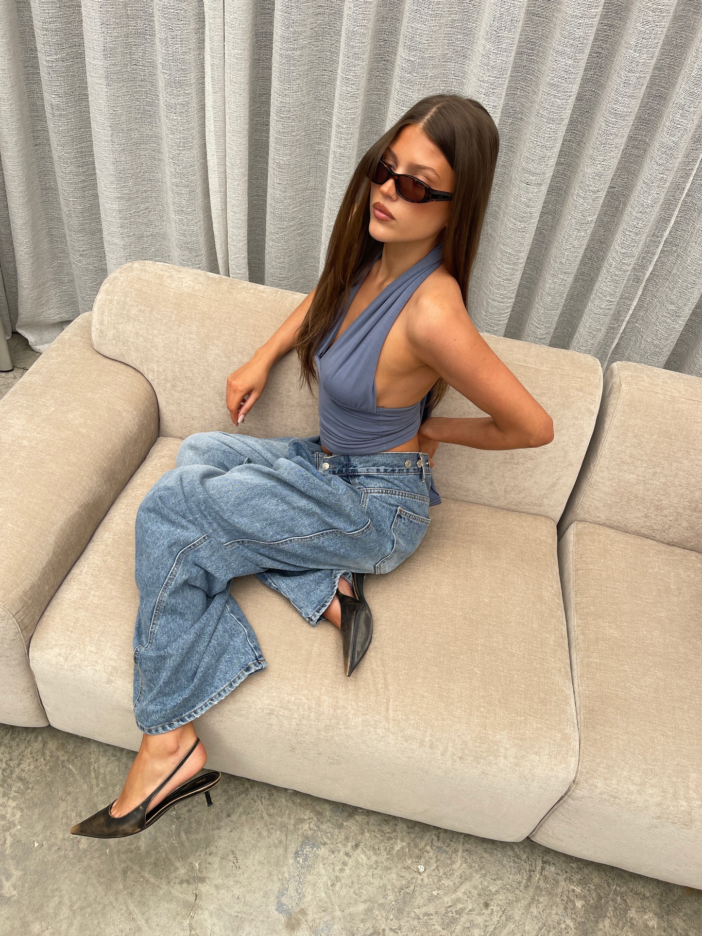 Deep Halter Neck Top Steel Blue