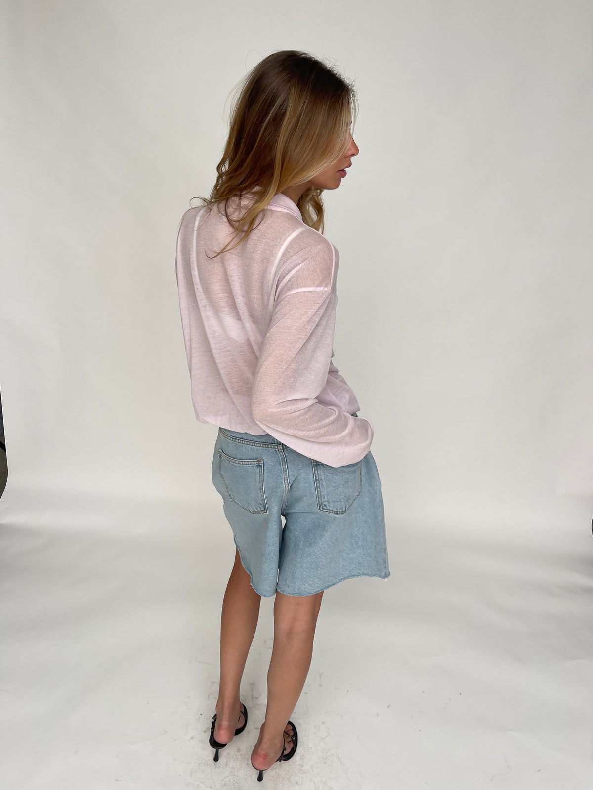 Collared Sheer Longsleeve Top Baby Pink