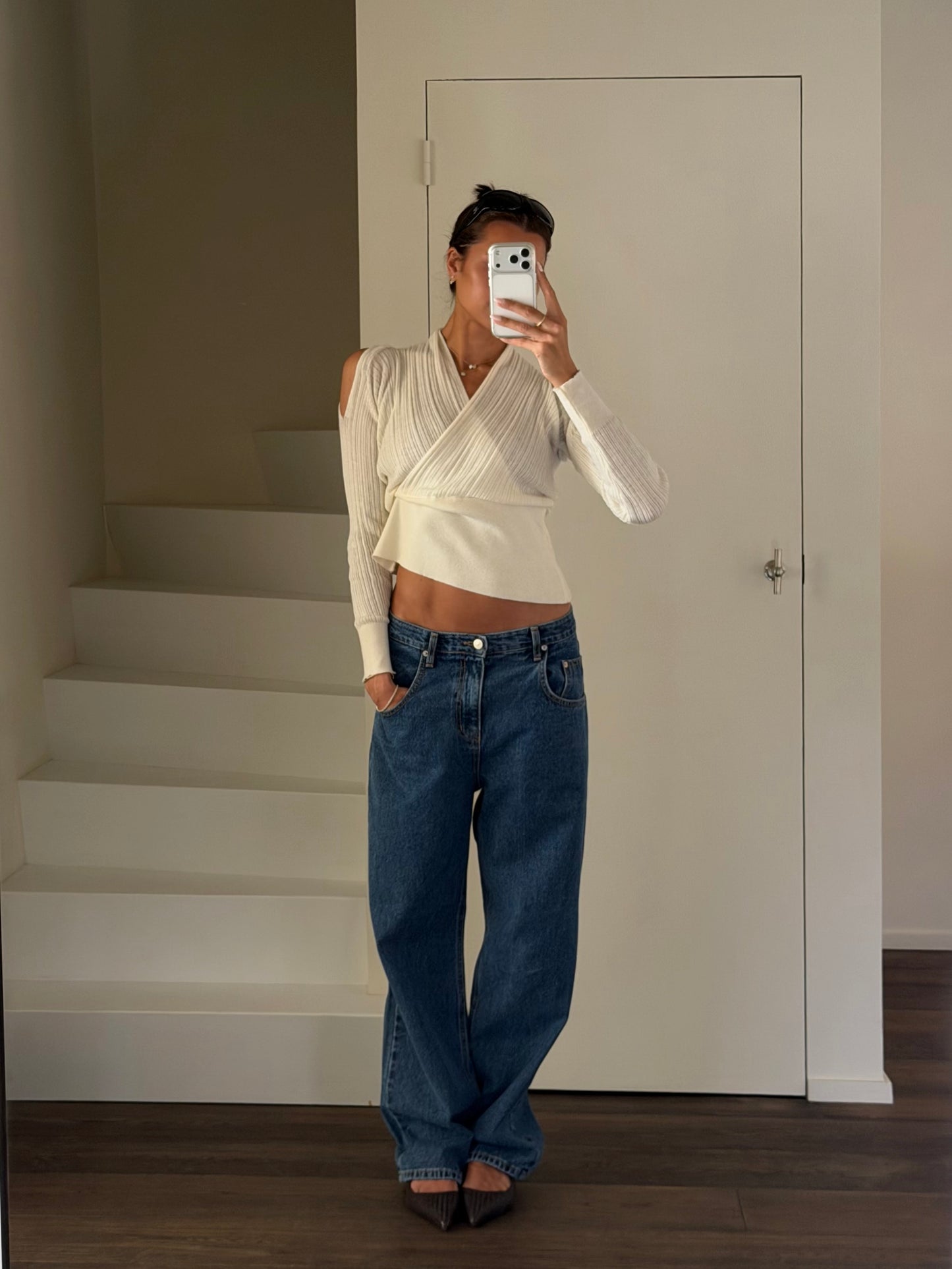 Ribbed V-Neck Knit Top Ivory