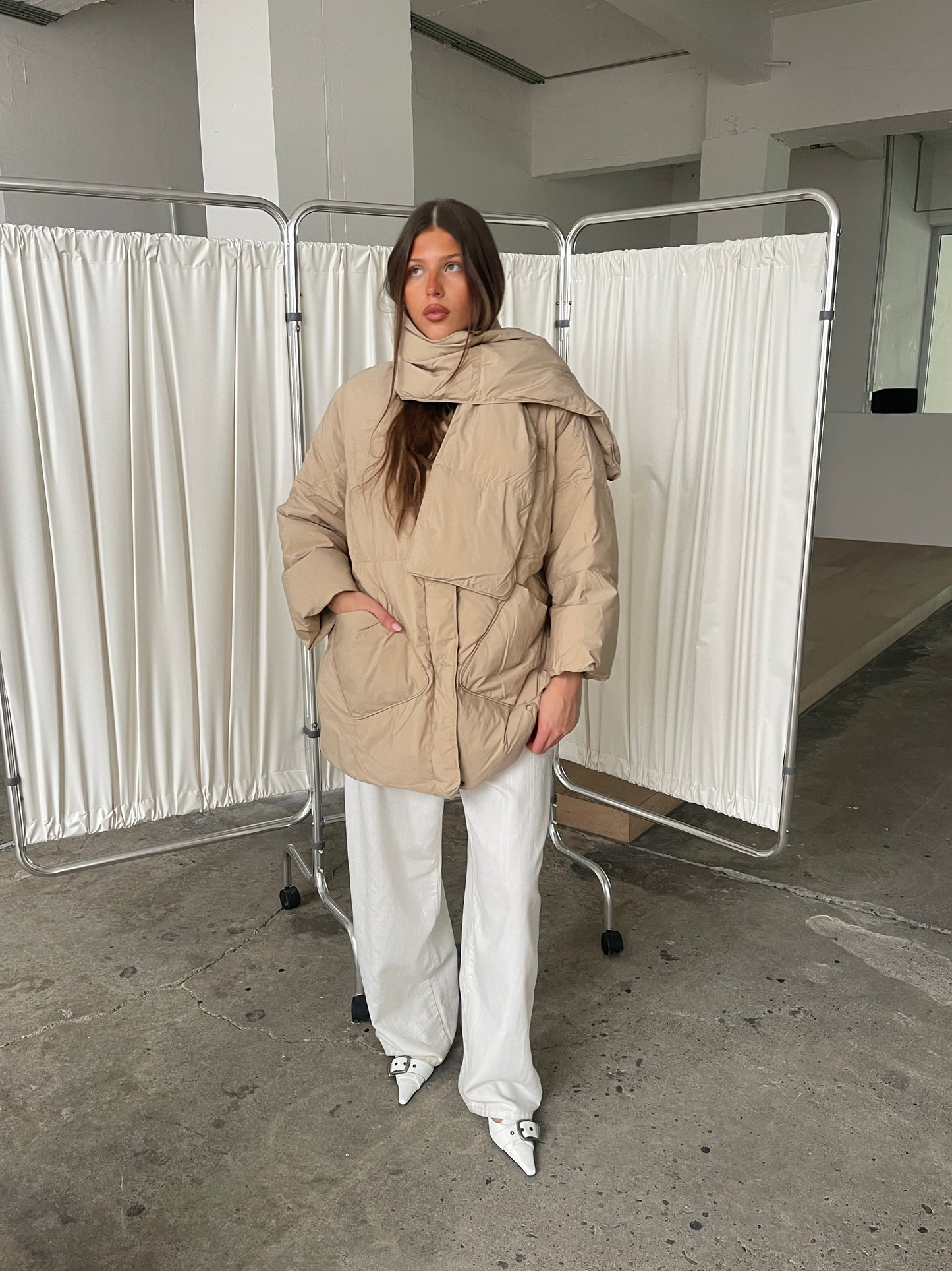 Quilted Scarf Detail Jacket Sand