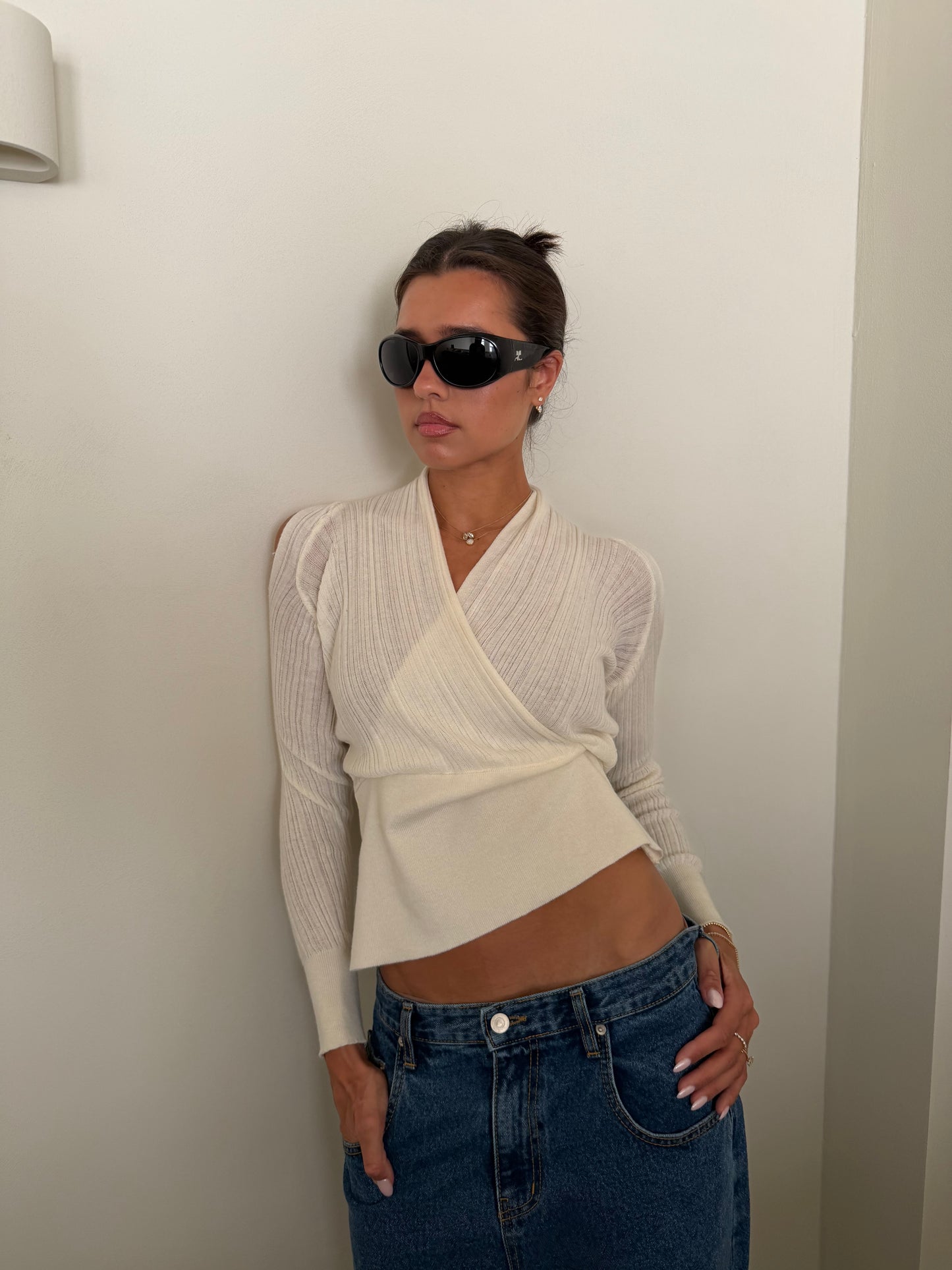 Ribbed V-Neck Knit Top Ivory