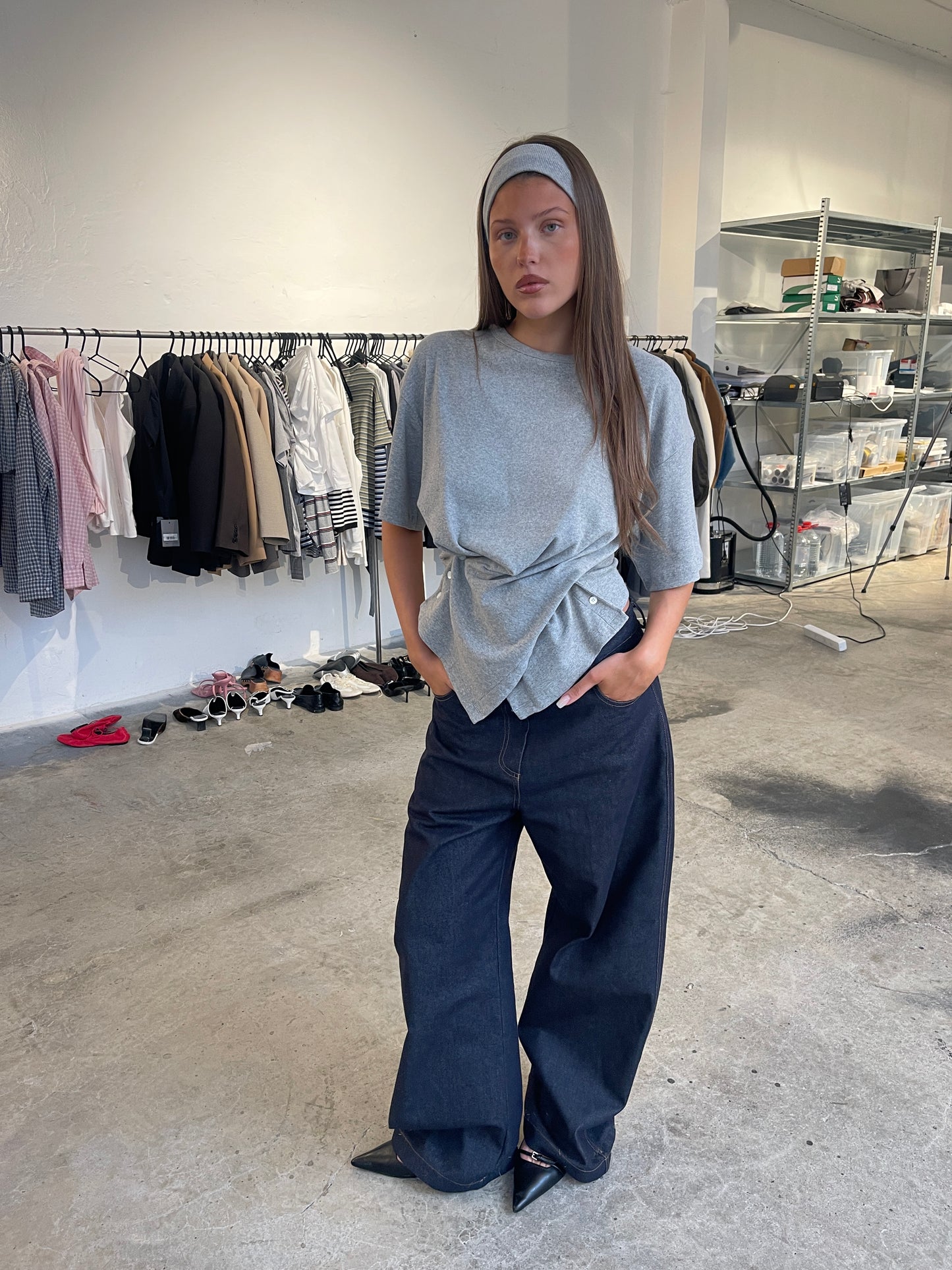 Ribbed Cinched Button Top Grey