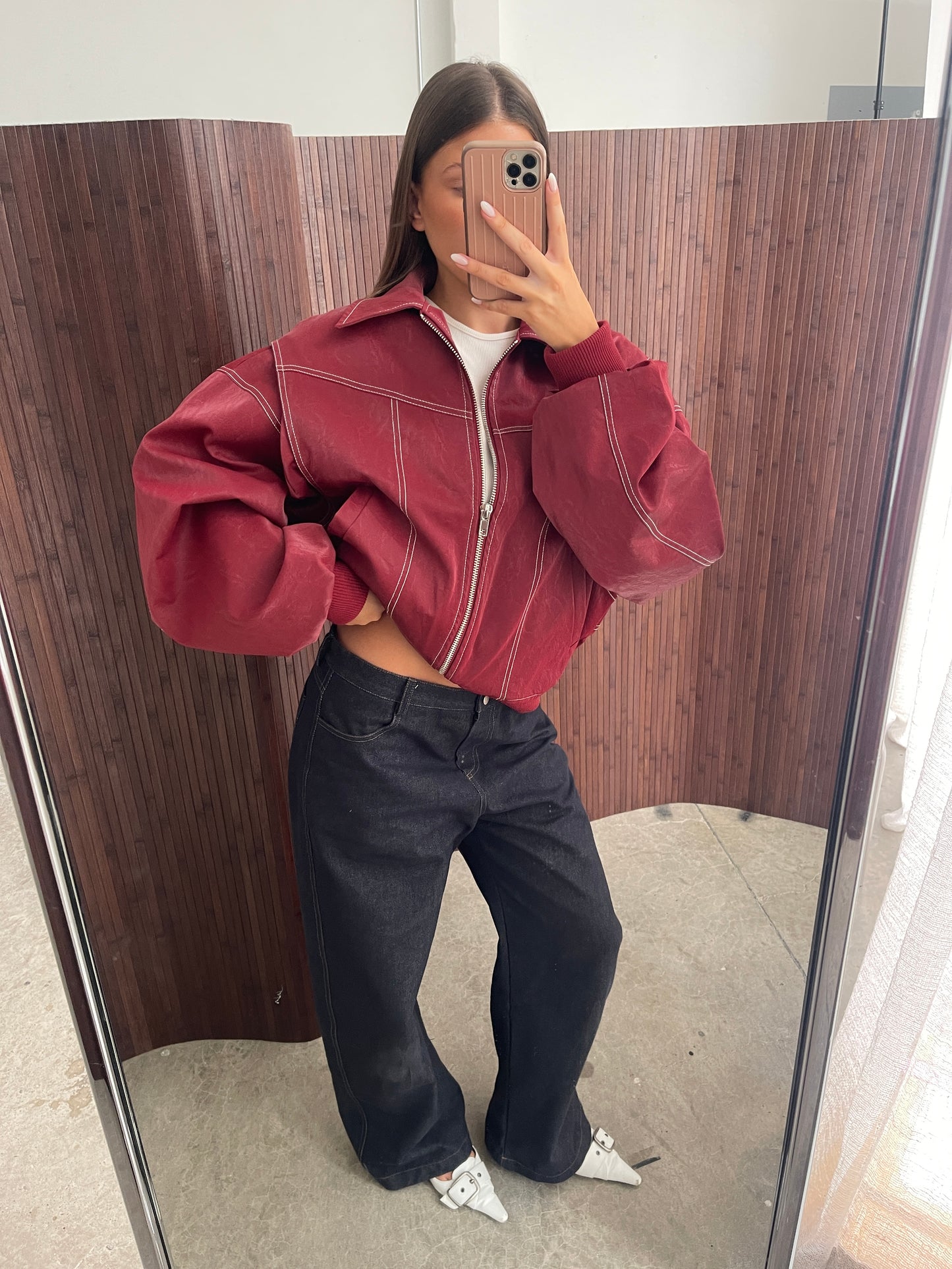 Oversized Contrast Stitch Jacket Red