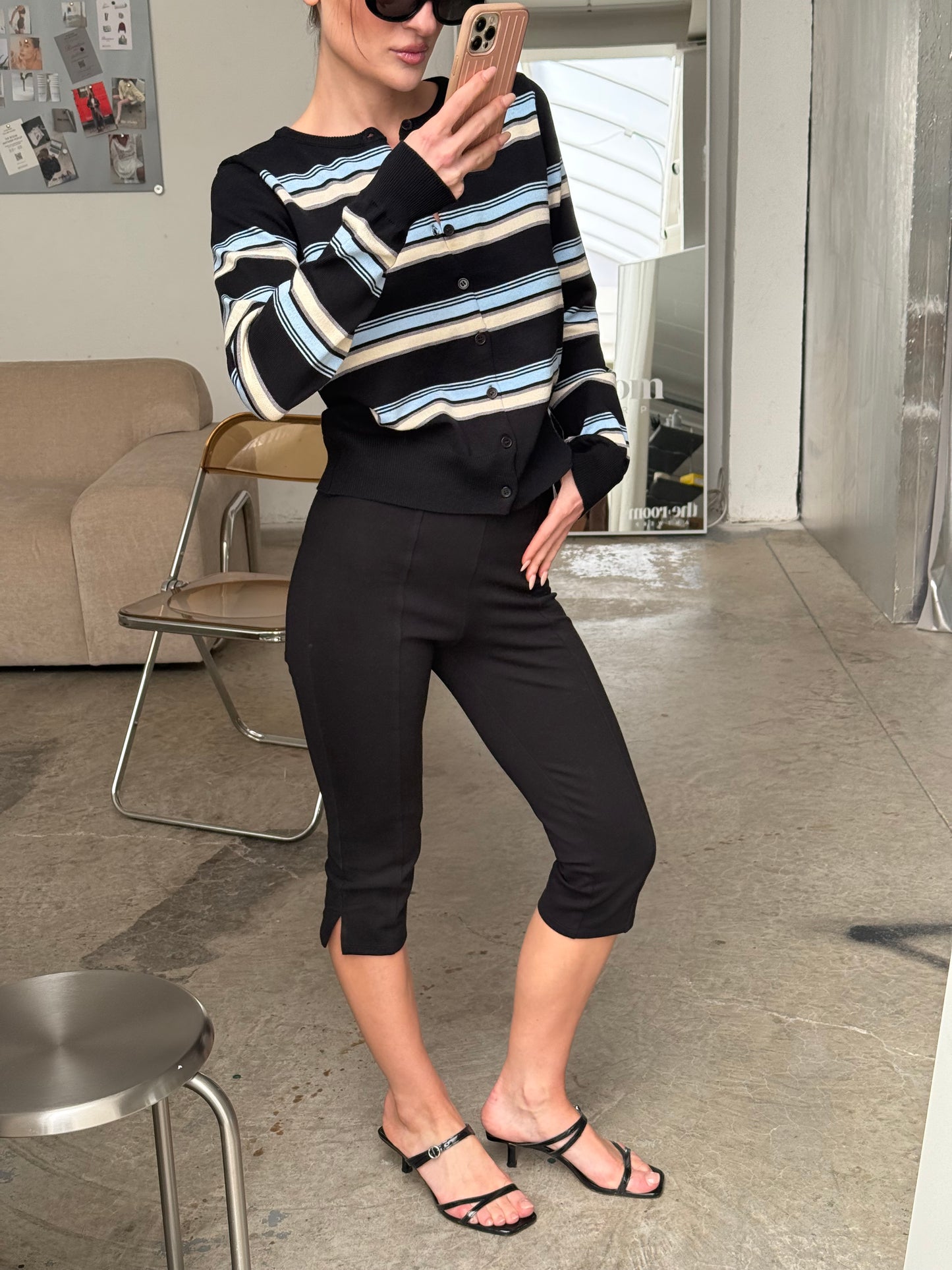 Striped Button Up Cardigan Black