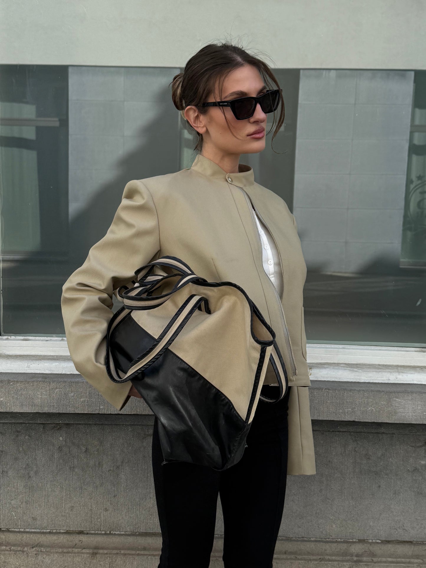 Padded High Neck Strap Detail Jacket Tan