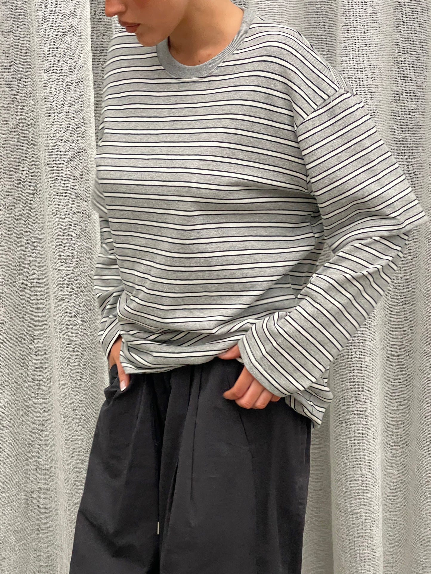 Striped Double Sleeve Tee Grey