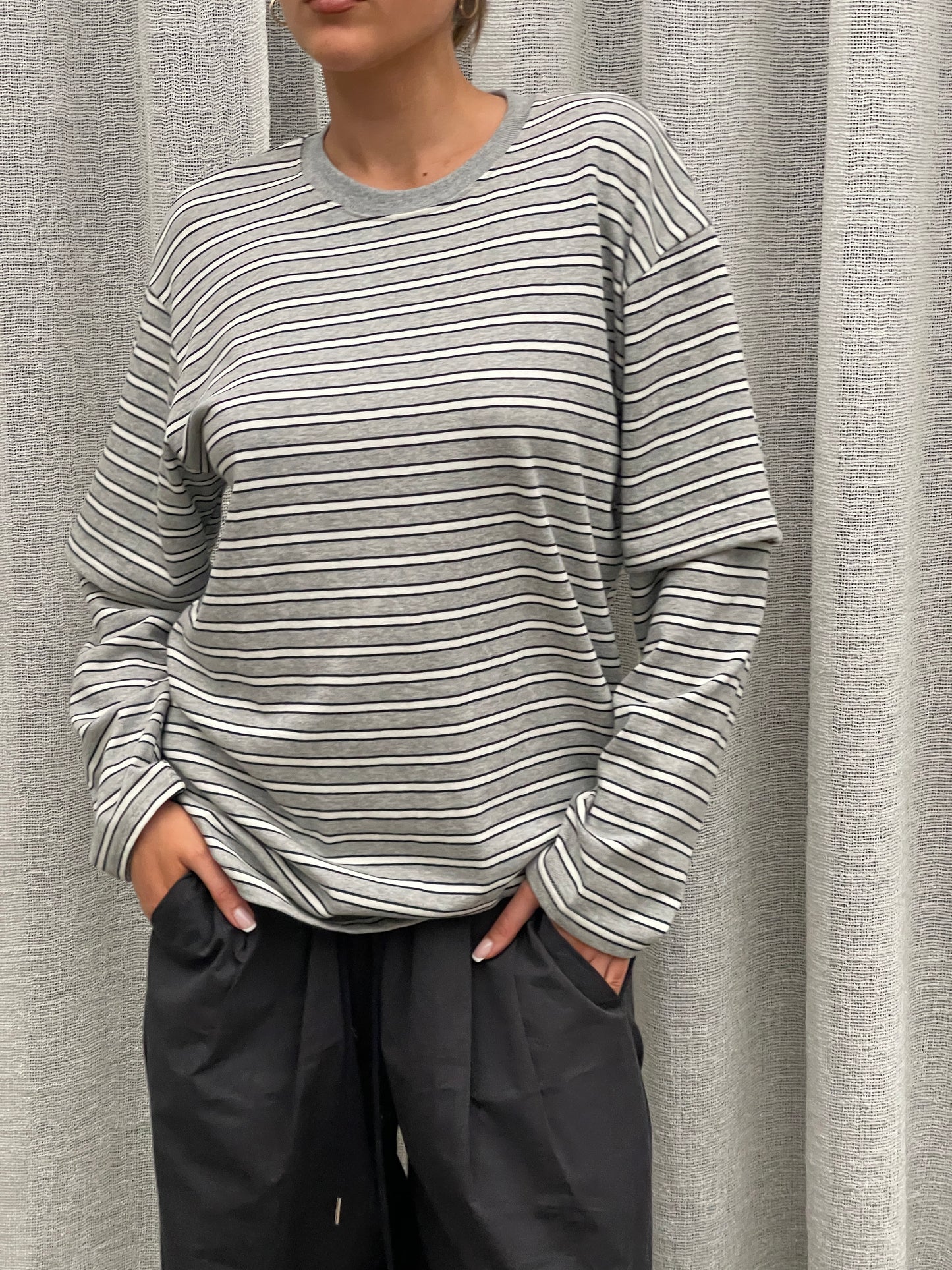 Striped Double Sleeve Tee Grey