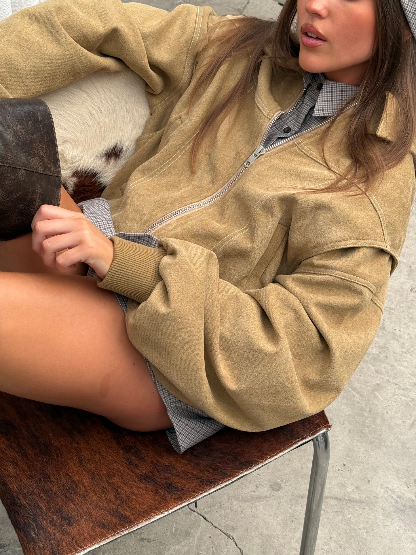 Oversized Contrast Stitch Jacket Suede Camel