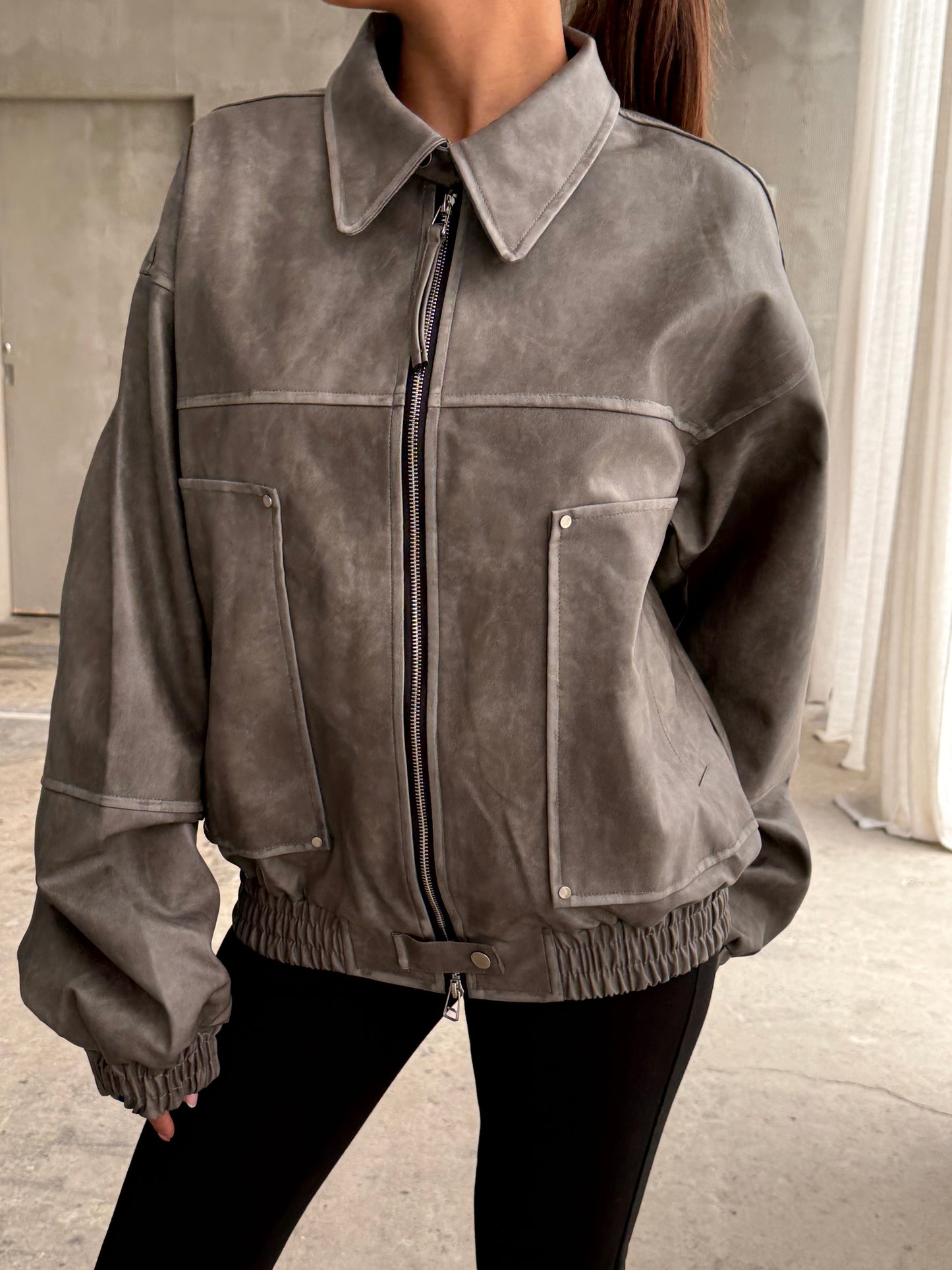 Oversized Zipped Jacket Stone