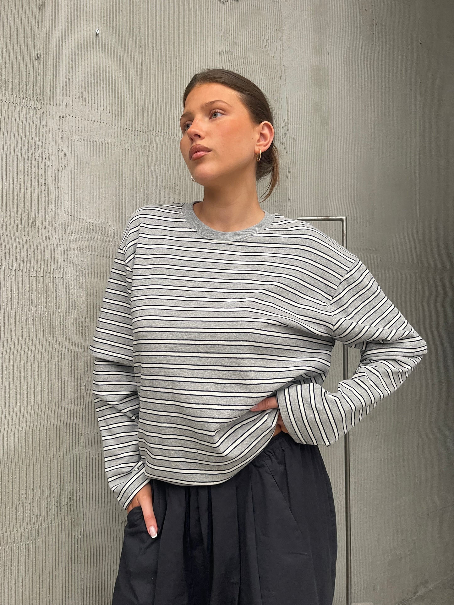 Striped Double Sleeve Tee Grey