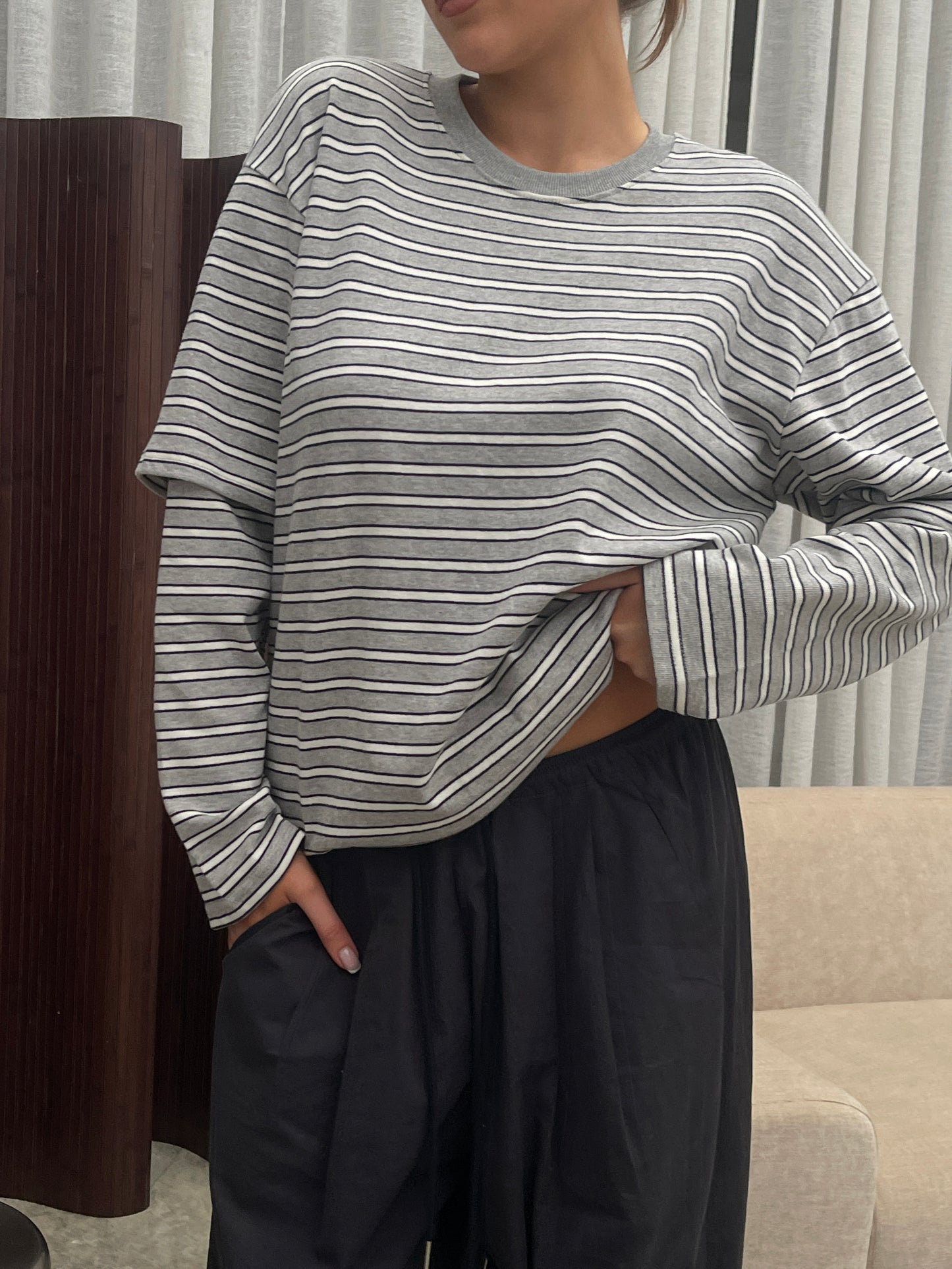 Striped Double Sleeve Tee Grey