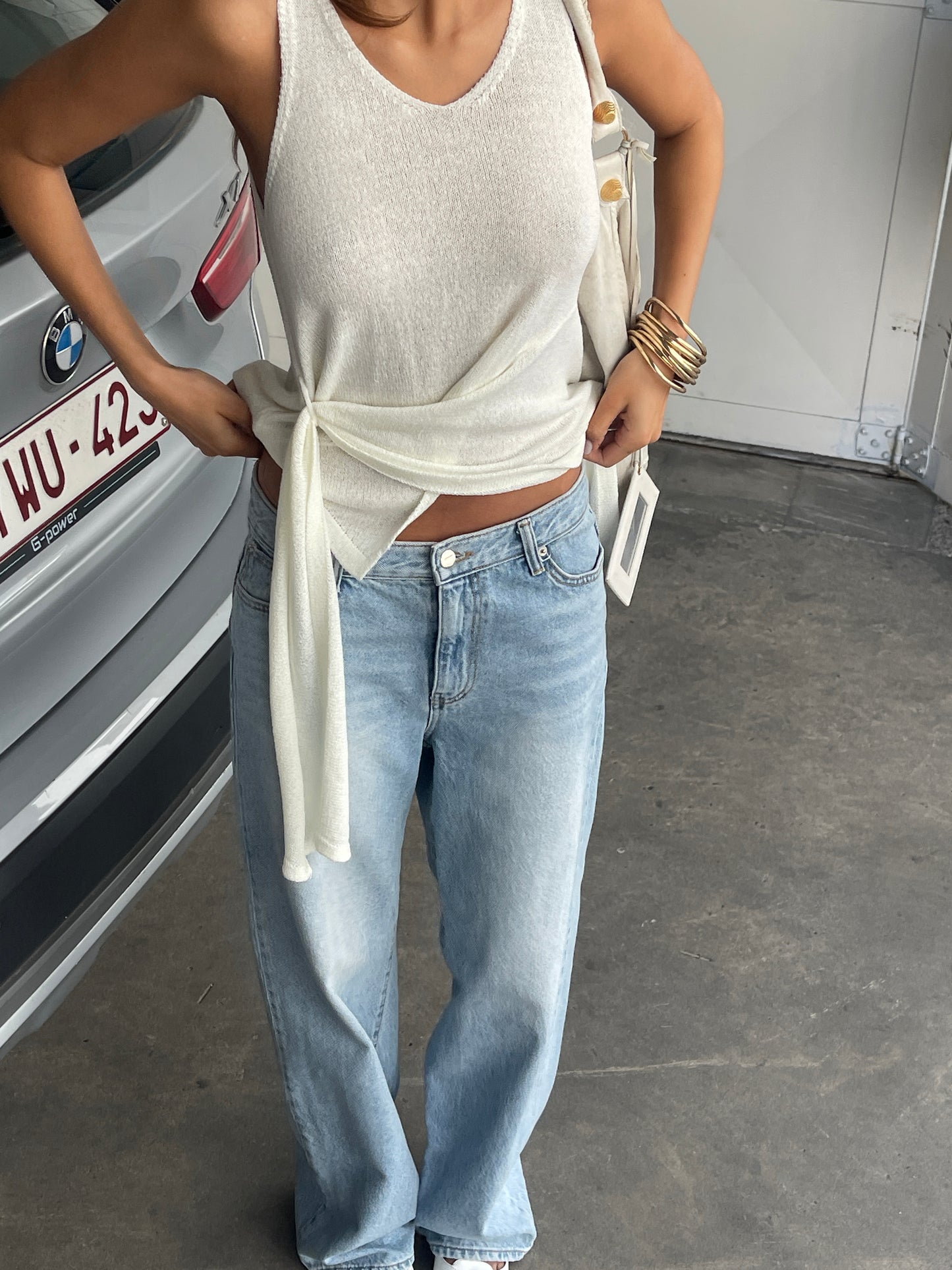 Knitted Belted Tank Top Ivory