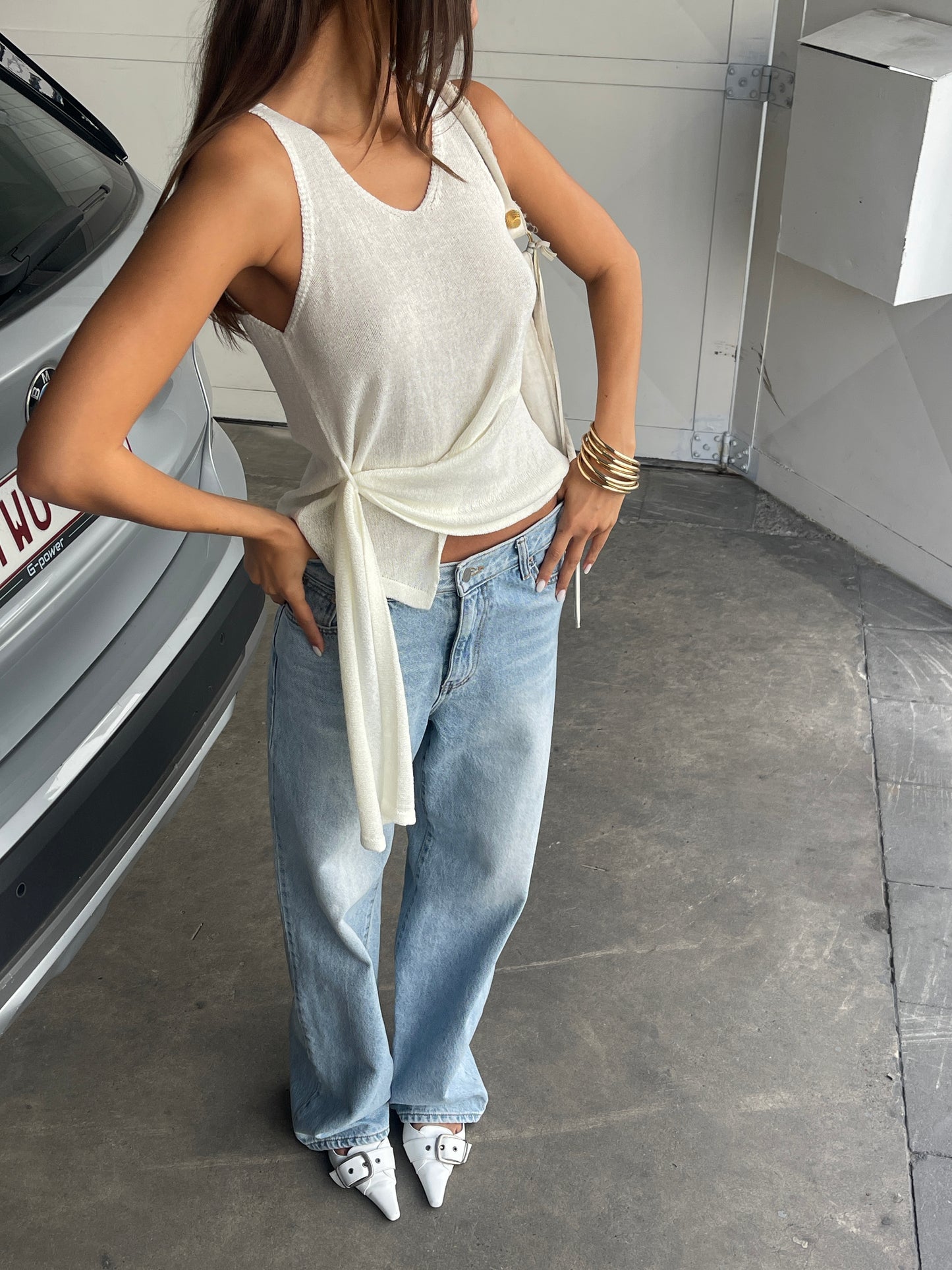 Knitted Belted Tank Top Ivory