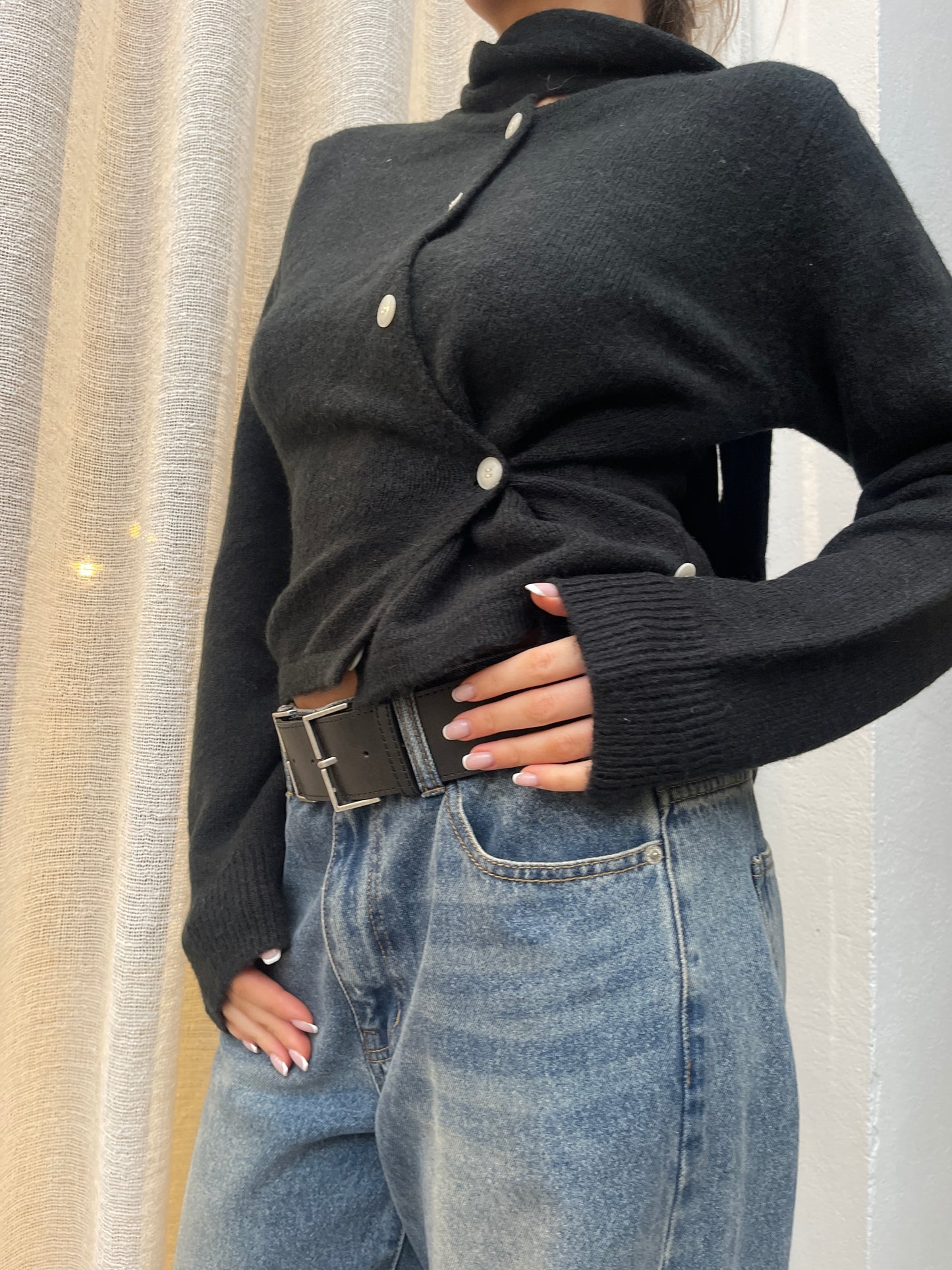 Scarf Detail Side Closure Cardigan Black