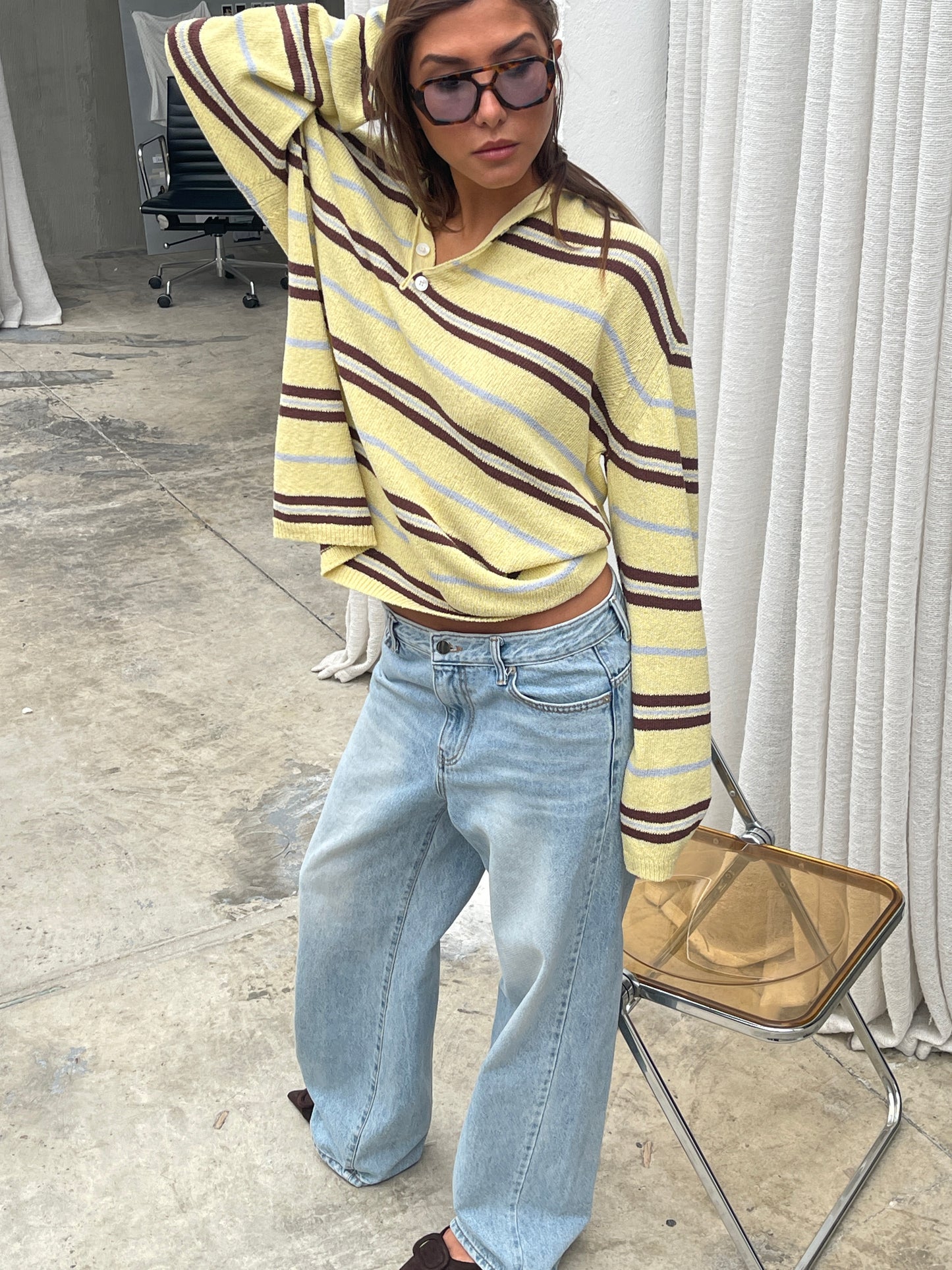 Knitted Striped Polo Longsleeve Yellow