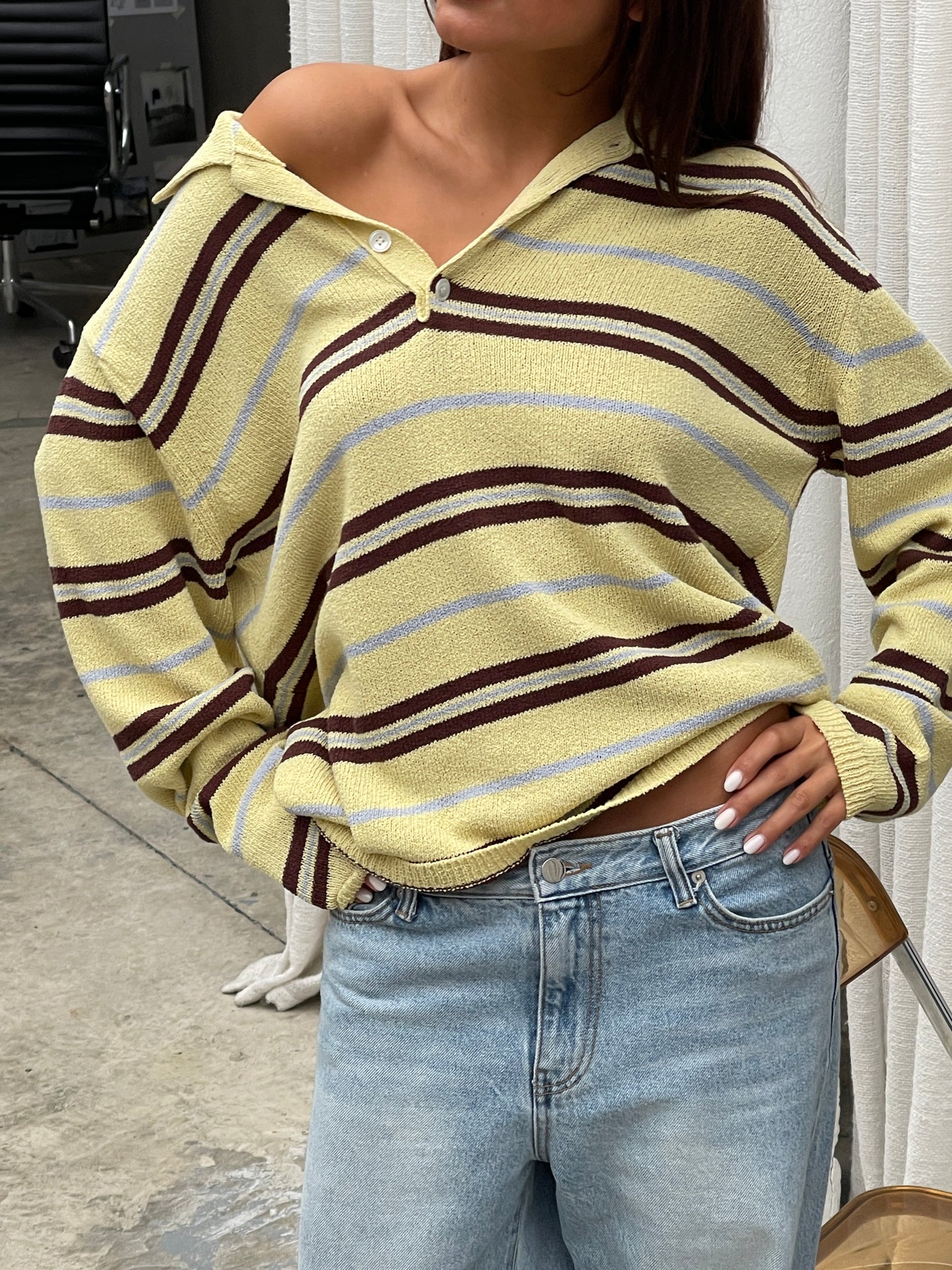 Knitted Striped Polo Longsleeve Yellow