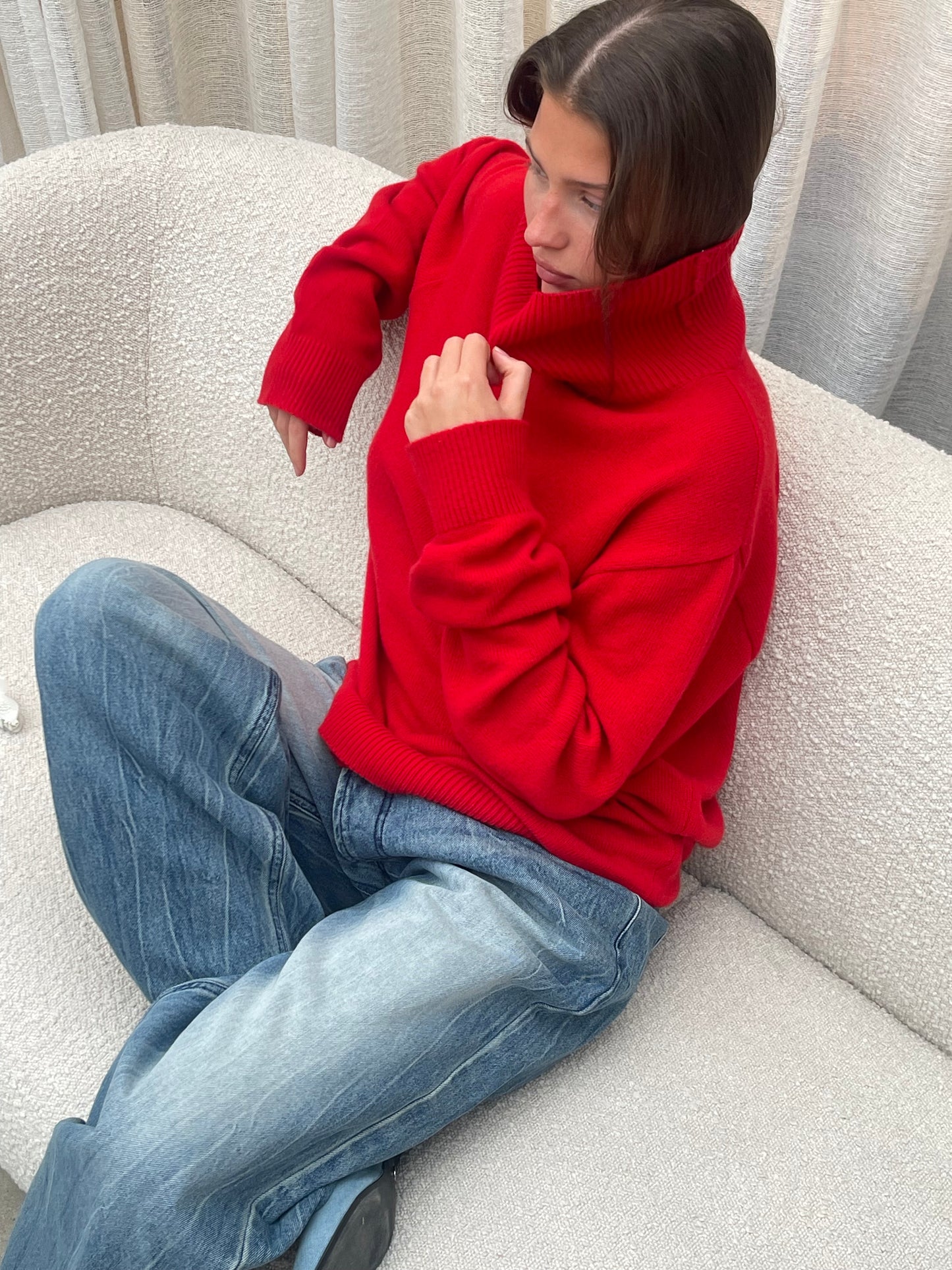 Wool Cashmere Blend Padded Turtleneck Knit Red