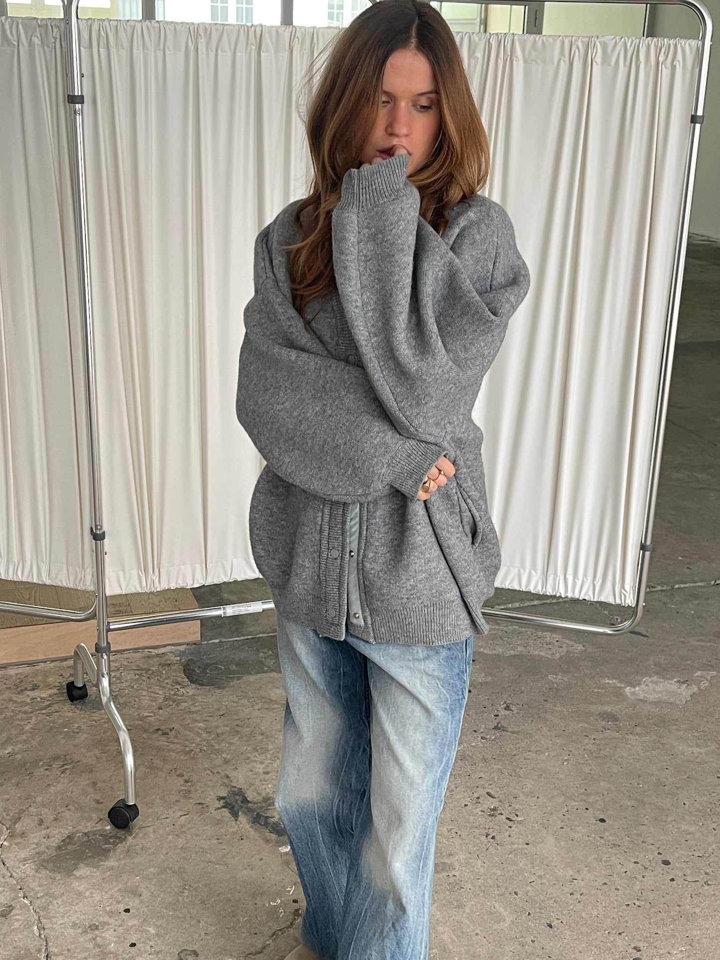 Oversized Press Button Cardigan Dark Grey
