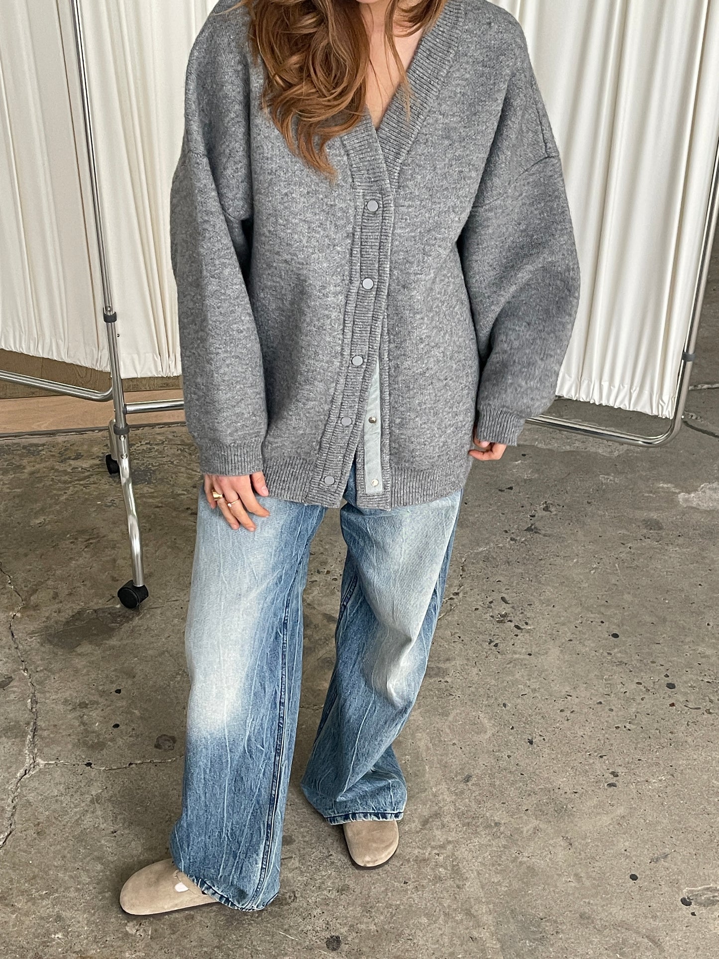 Oversized Press Button Cardigan Dark Grey