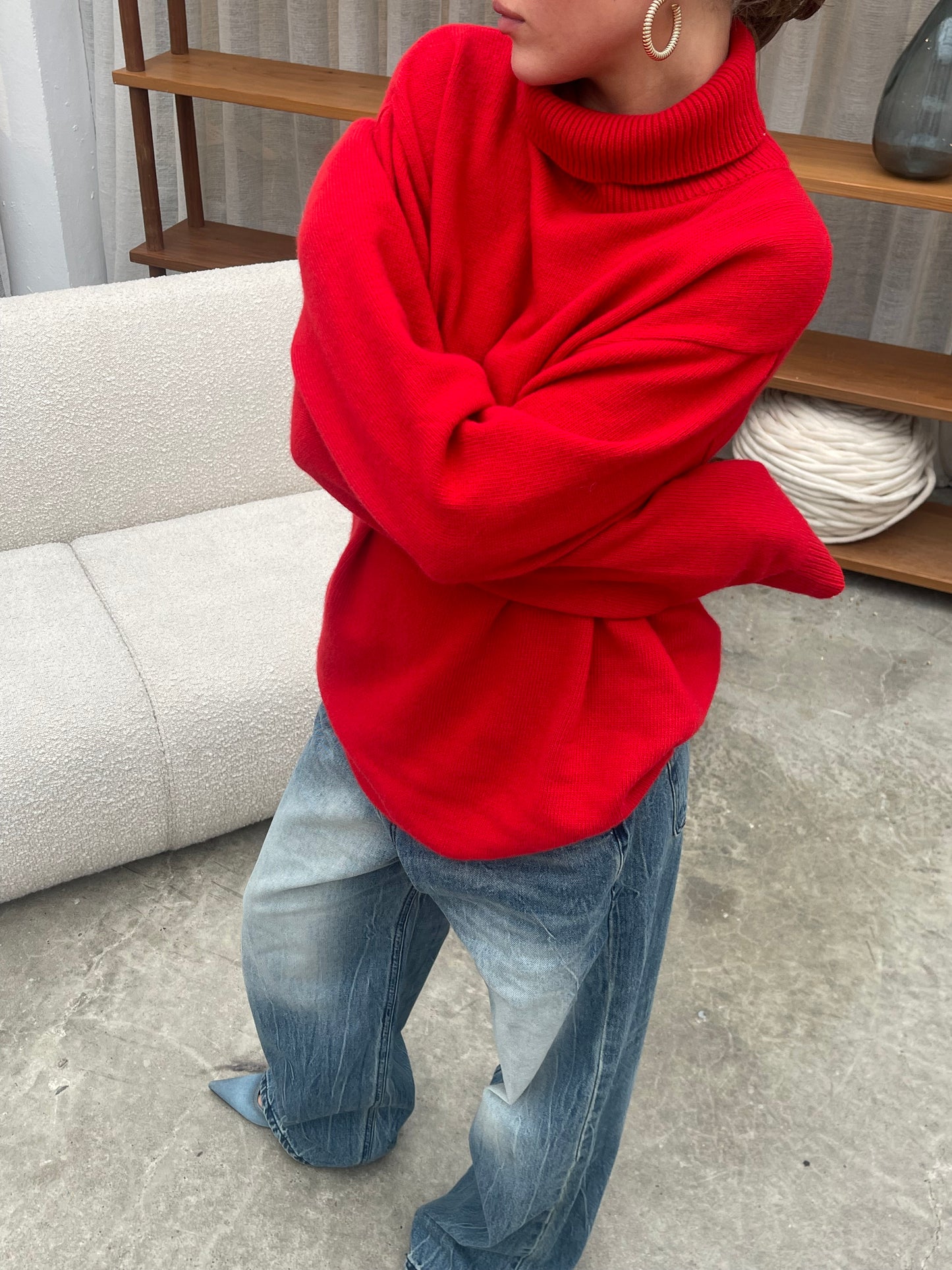 Wool Cashmere Blend Padded Turtleneck Knit Red