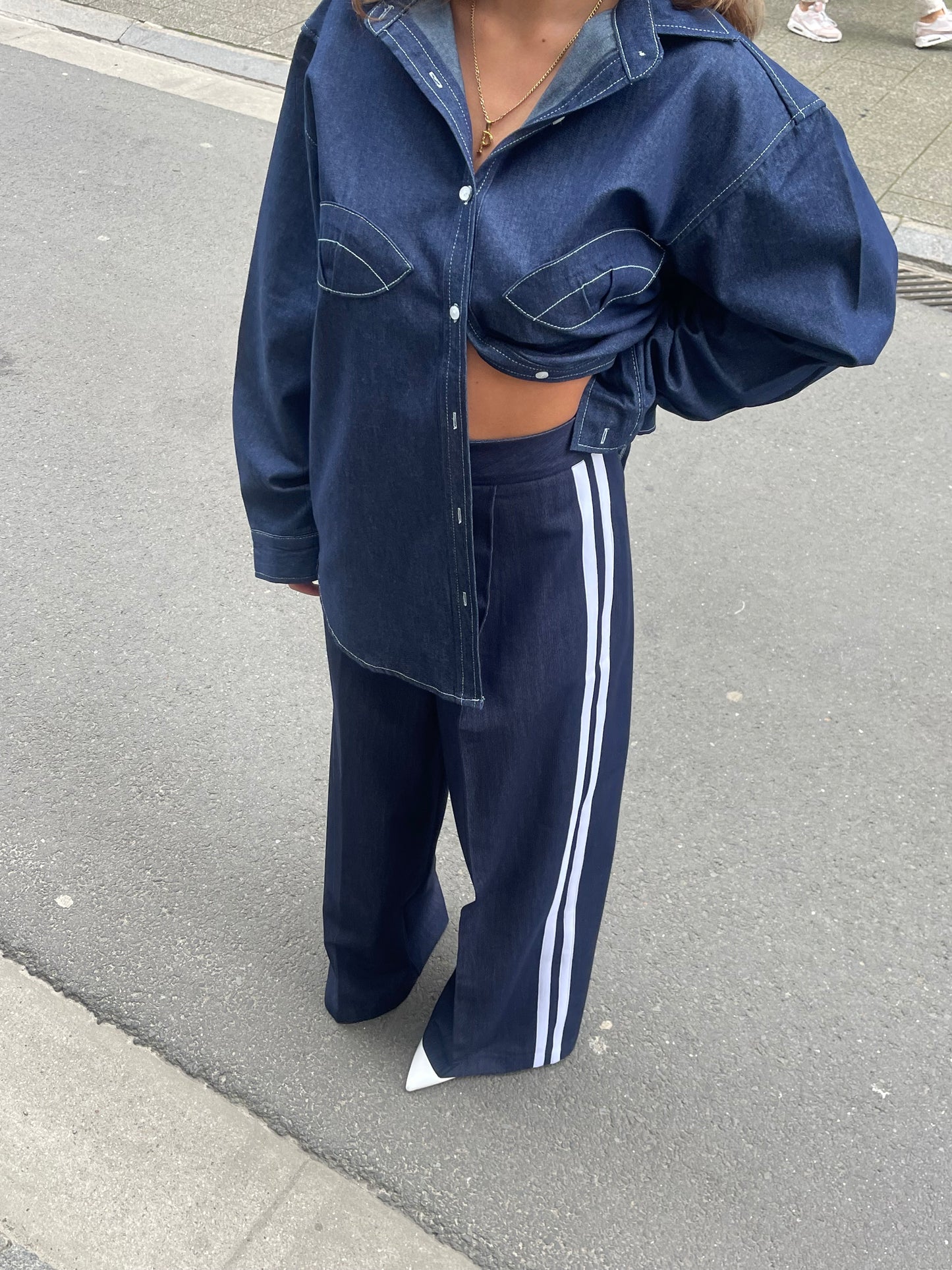 Striped Wide Leg Denim Trousers