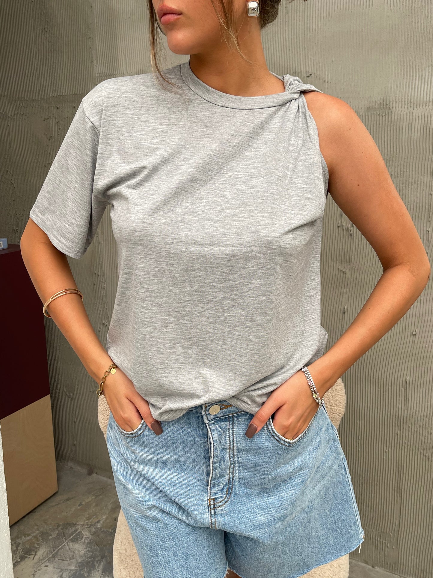 Asymmetric One Sleeve Top Grey