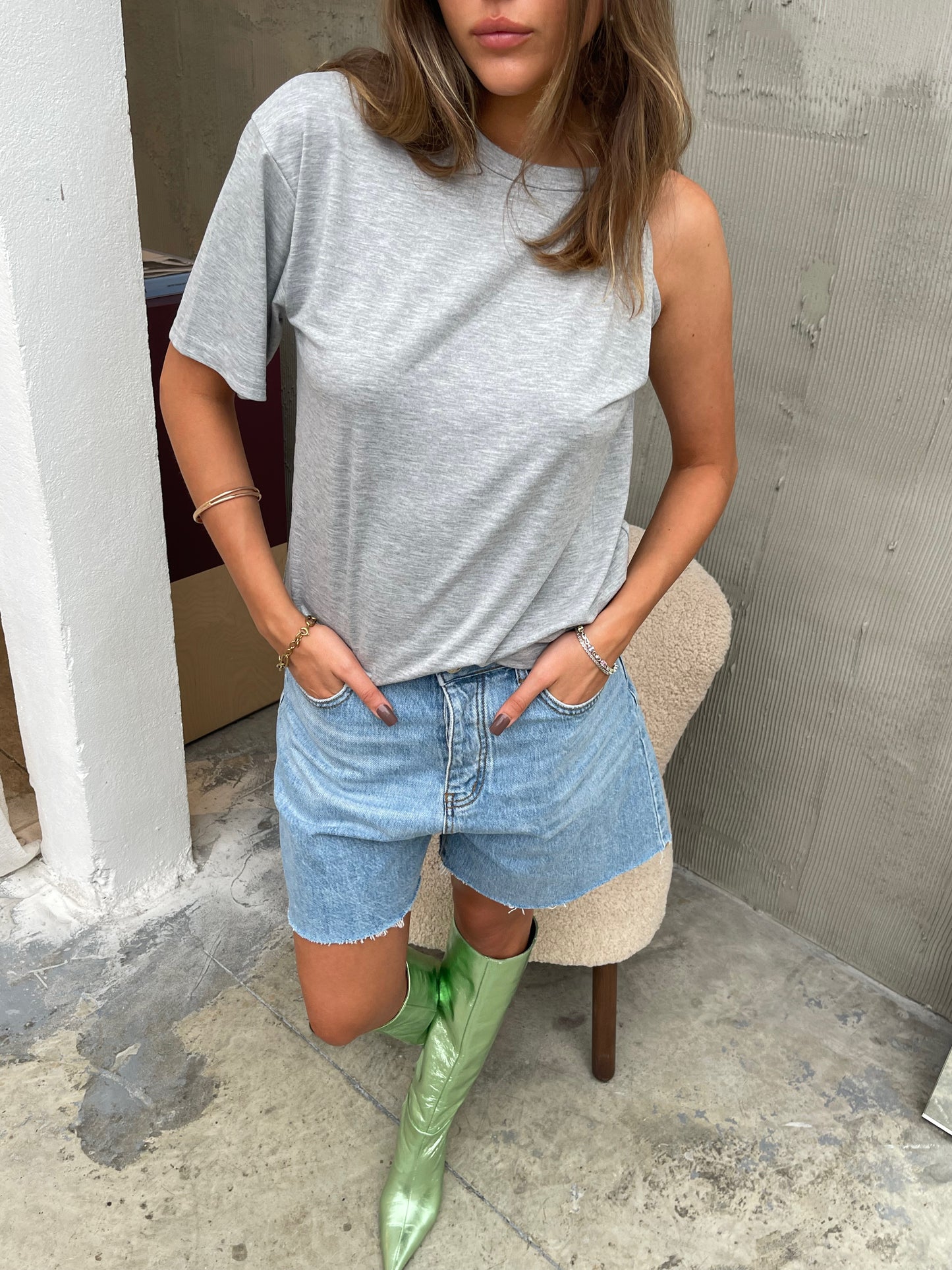Asymmetric One Sleeve Top Grey