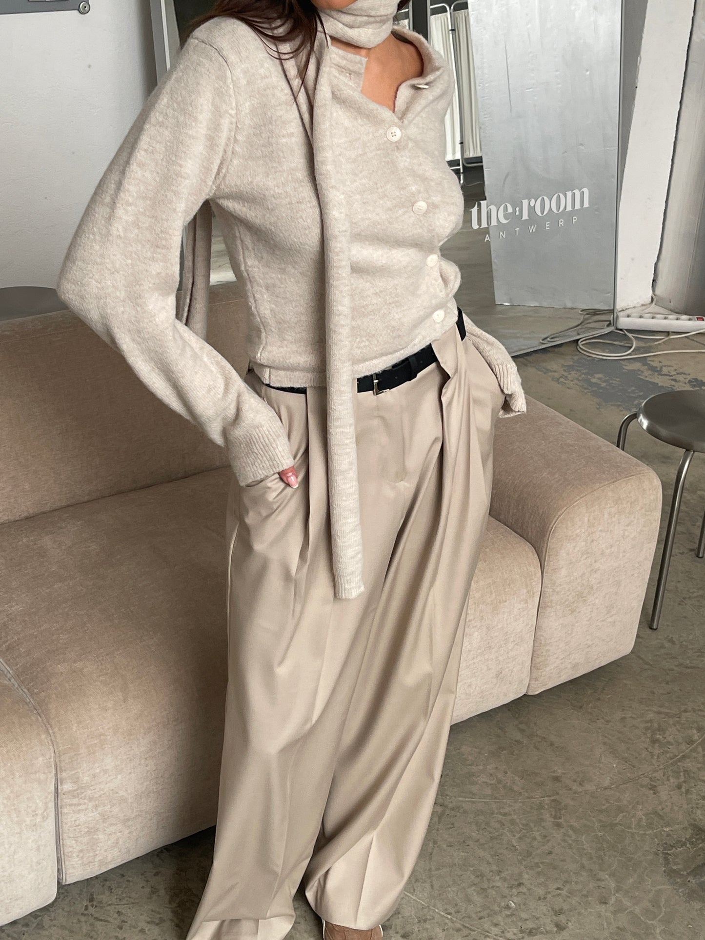 Scarf Detail Side Closure Cardigan Oatmeal
