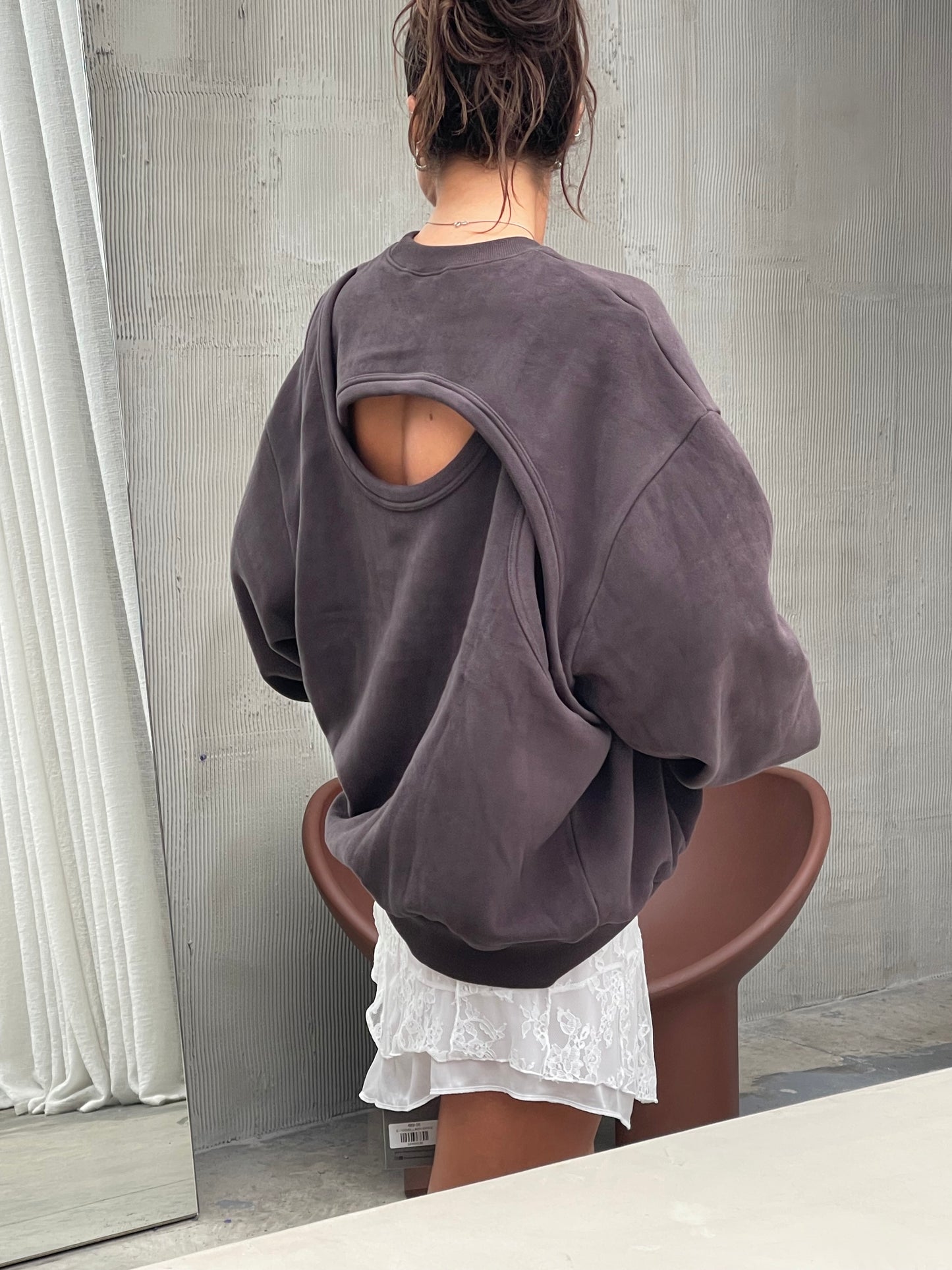 Open Back Overlay Fleeced Sweater Charcoal