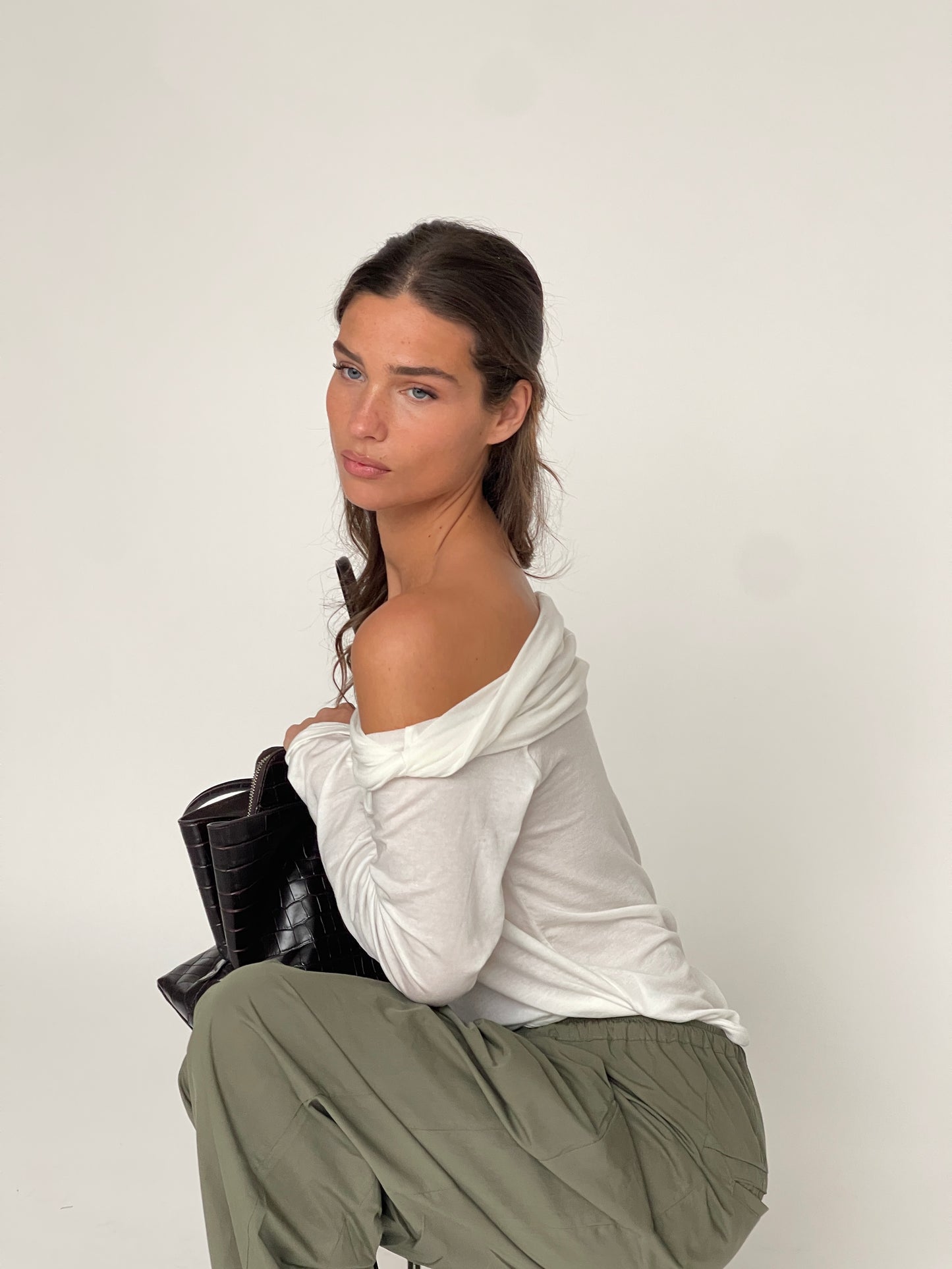 Semi Sheer Off Shoulder Long Sleeve Top White