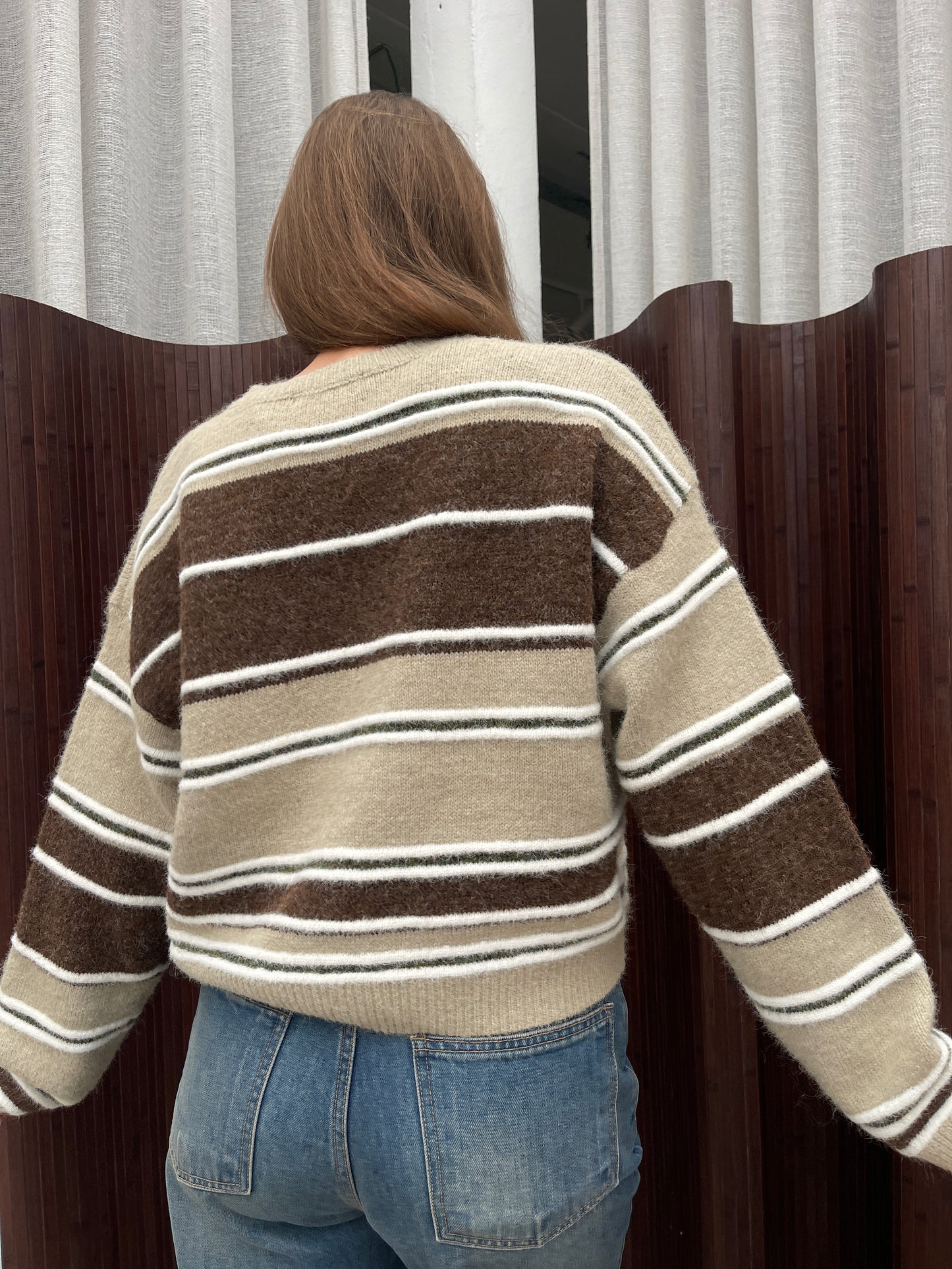 Two Coloured Striped Loose Knit Beige