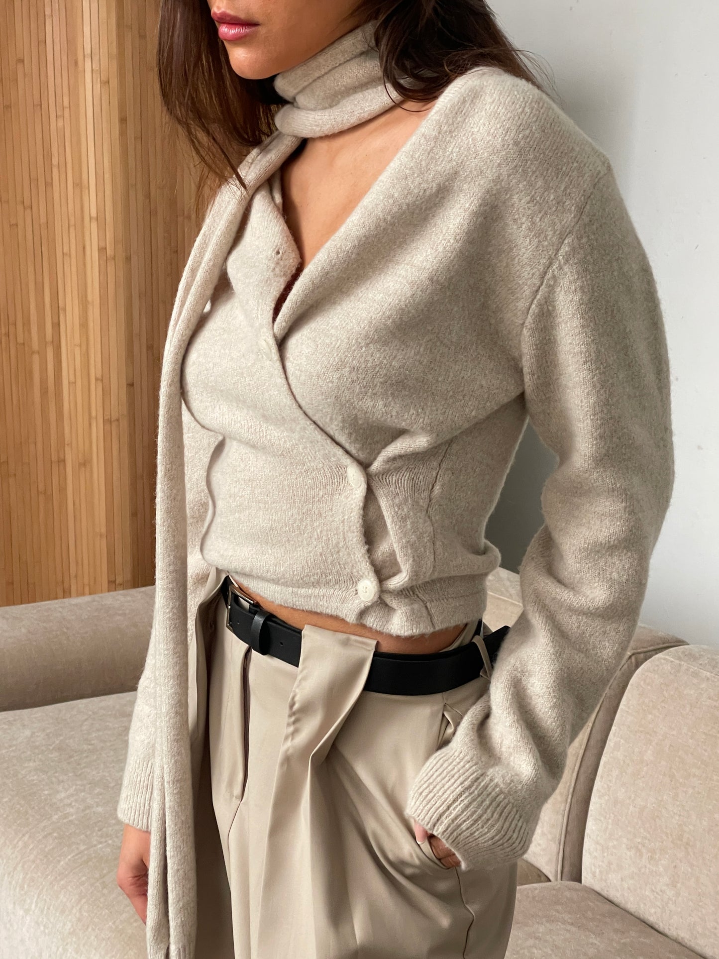 Scarf Detail Side Closure Cardigan Oatmeal