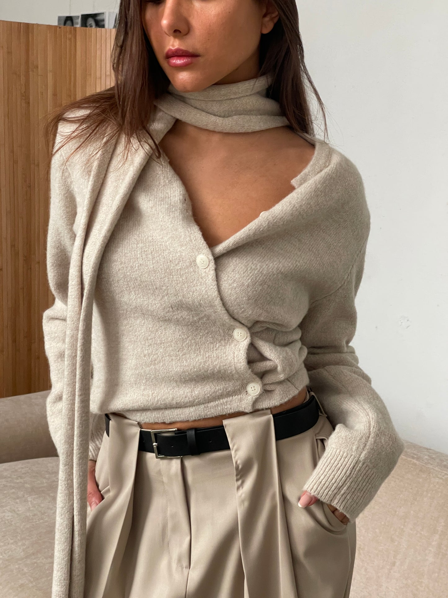 Scarf Detail Side Closure Cardigan Oatmeal